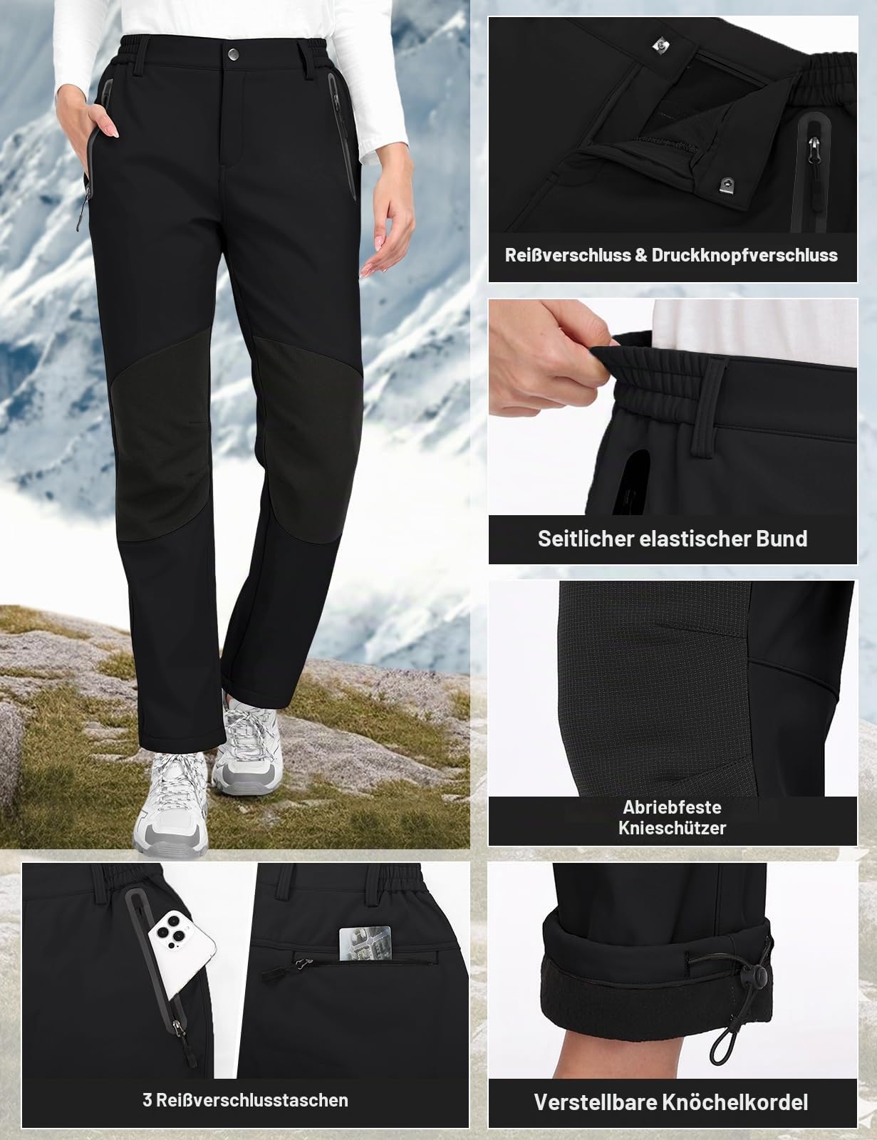 Damen Wanderhose Wasserdicht Skihose Softshellhose Thermohose Fleece Gefüttert Winter Hosen Schneehose Winddicht Warm Arbeitshose Trekkinghose Langlaufhose Knie-Reibungsschutz