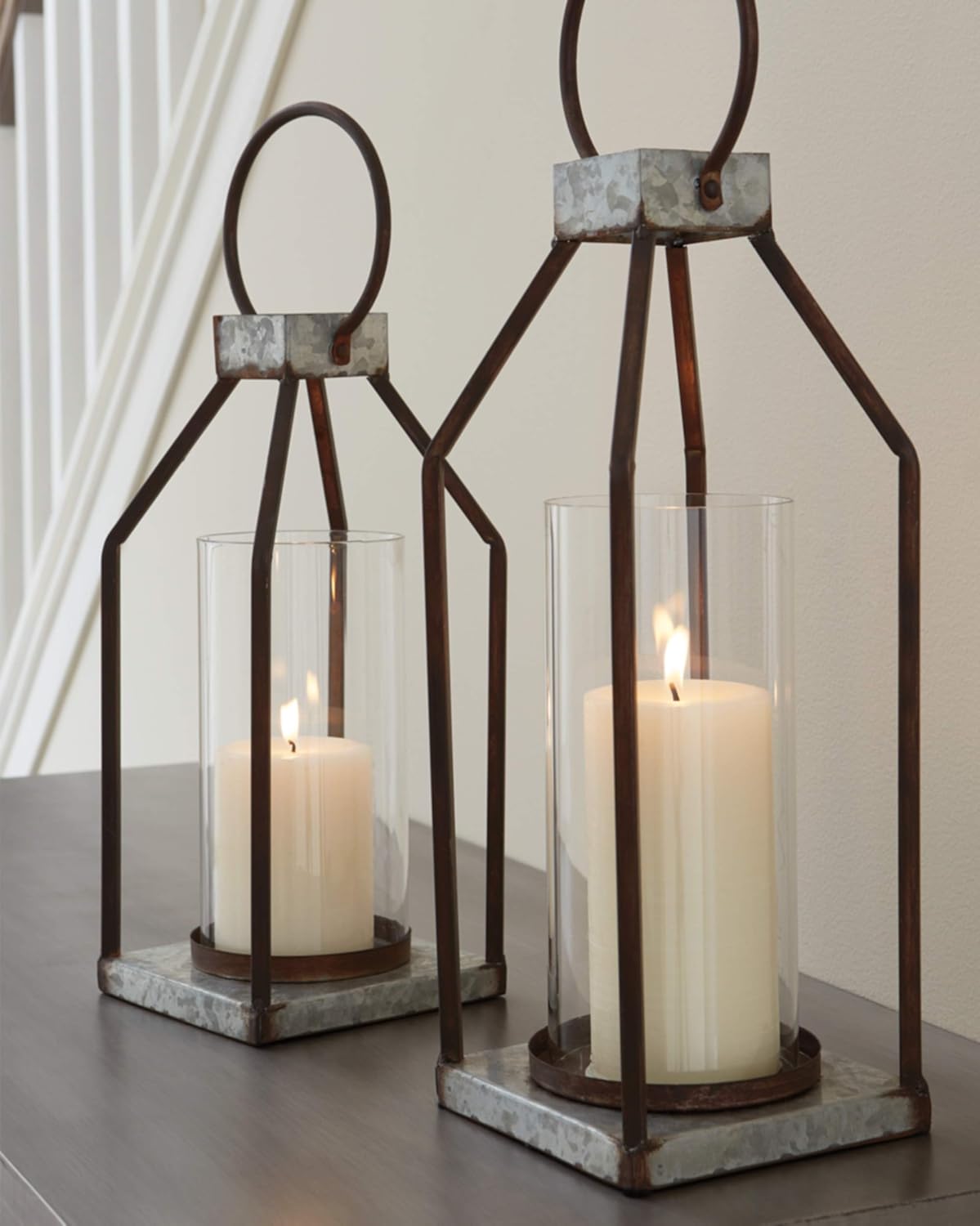 Signature Design by Ashley Dimtrois Metal 2 Piece Indoor & Outdoor Candle Lanterns, Black : Everything Else
