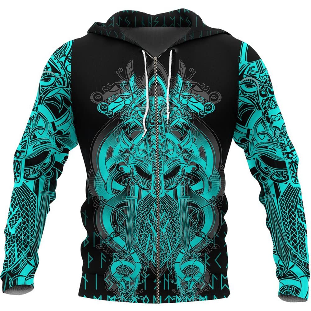 DFWY Men's Viking Rune Odin Wolf Printed Full Zip Hoodie Pullover,Norse Myth Celtic Wolf Tattoos Jacket Sweatshirts