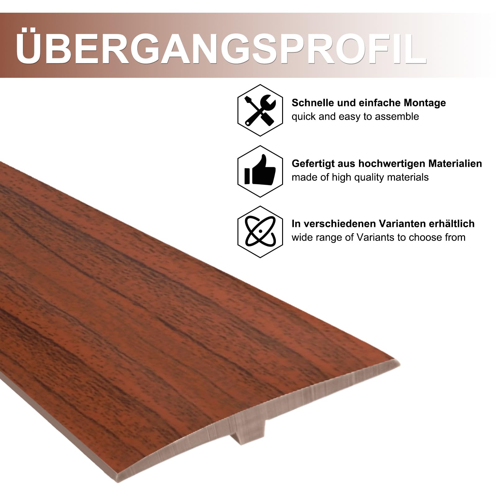 Perfil de Transición para Suelo - 5 cm x 3 m Perfil PVC Perfil Transición Suelo Desnivel Autoadhesivo, Perfil en T Listón de transición autoadhesivo, Listón Cubierta plana para juntas (Madera)