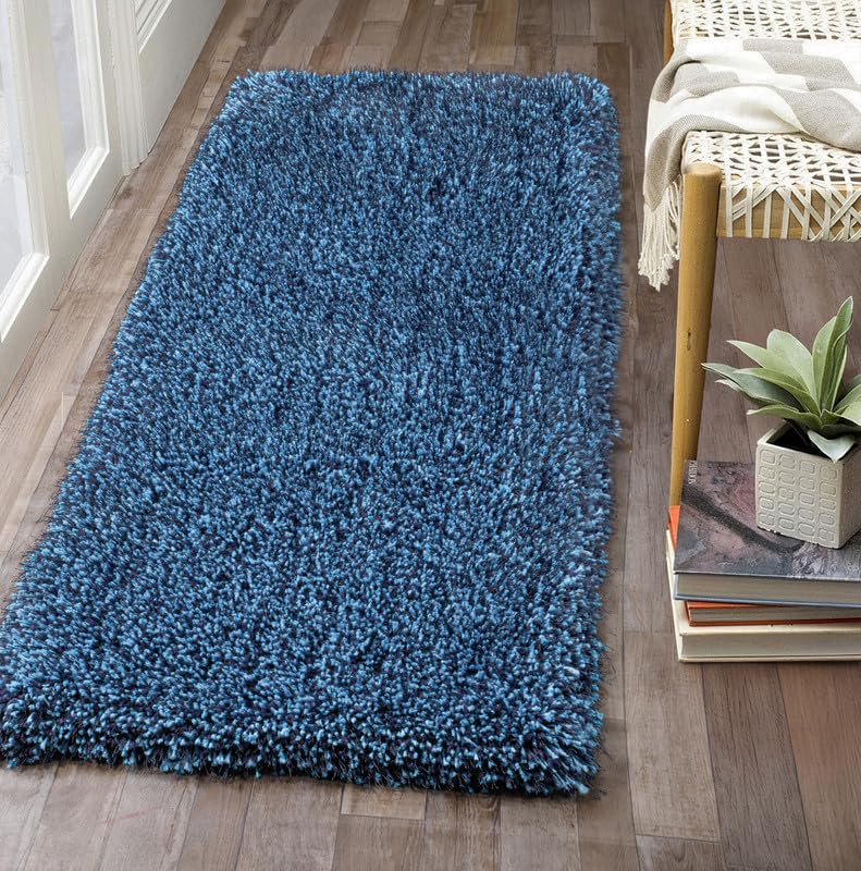 Image of FIASCO Tie Dye Shaggy Carpet Bedside Runner | 2 Inch Pile Height Back in Canvas for Bedroom, Kids Room, Guest Room Microfiber Soft Plush Fluffy Shaggy Carpet | 1.5x4 Feet Blue Turquoise Mix