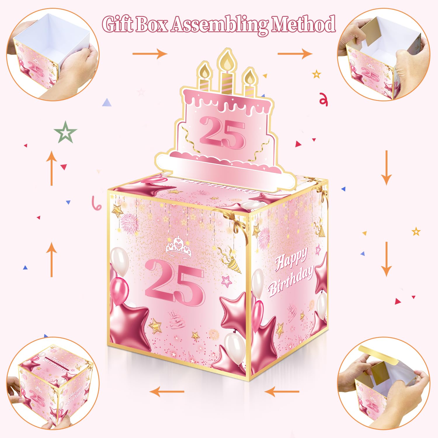 Joycard Hucha de cumpleaños número 25 para ella o hija, decoraciones de cumpleaños de 25 años, divertida caja de regalo extraíble para fiestas, ideal para sorpresas de 25 cumpleaños (con 35 bolsas)