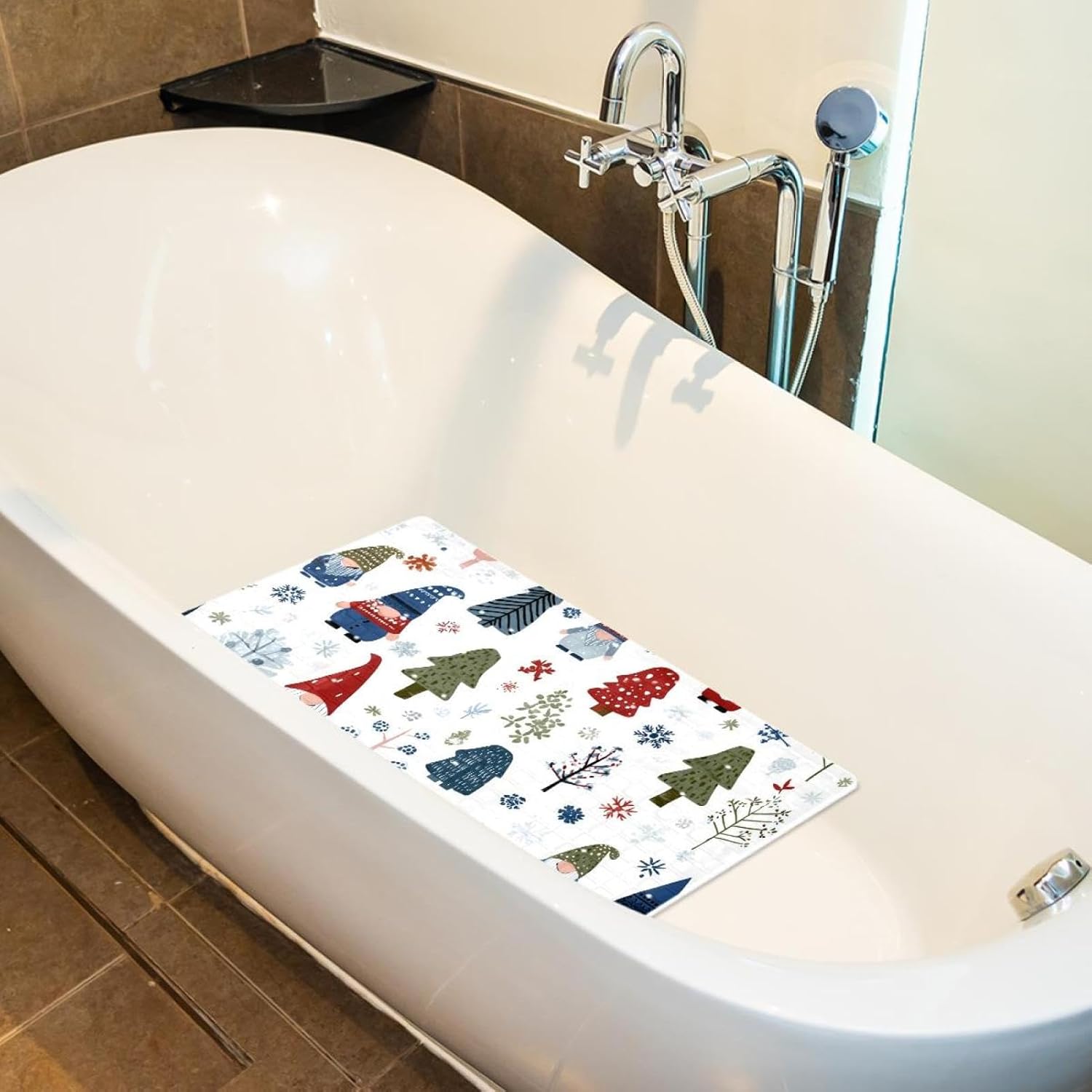 Bath Tub Mat Non Slip 15.1 x 26.8 Inch, Seamless Christmas Gnomes Forest Trees and Snowflakes Eco Friendly Bathmat with Suction Cups Drain Holes Shower Tub Mats