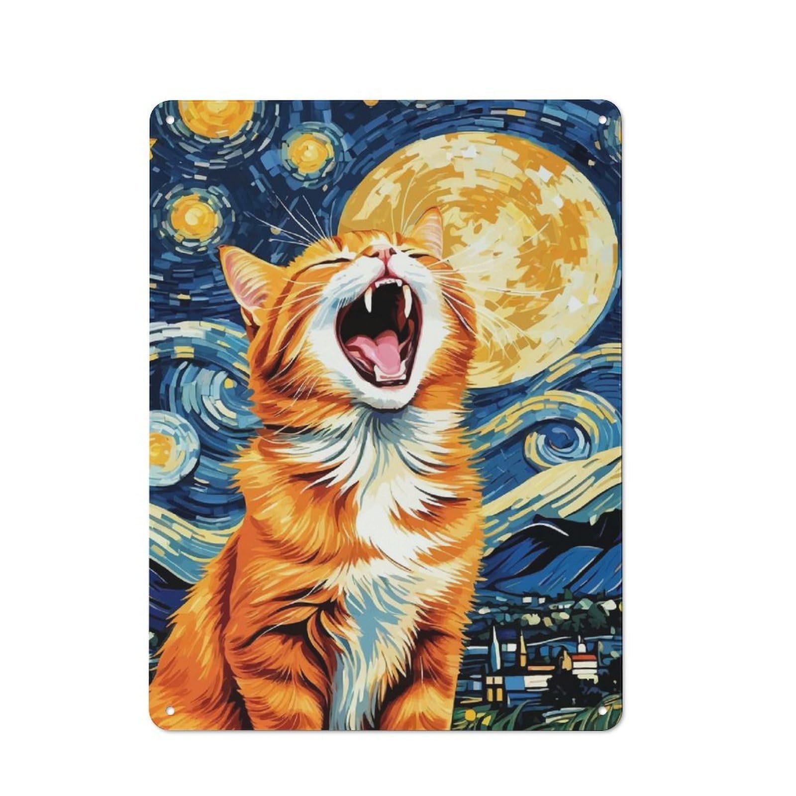 Junmoney Orange Cat In Starry Night Tin Wall Plaque 40X30cm With For Guest Room Or Hallway, For Hallway Wall Decor Fans