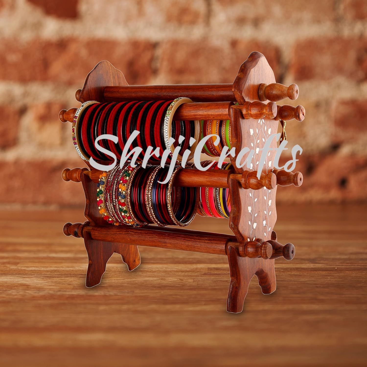 Shriji Crafts Wooden Bangle Holder Stand – 8 Rods with 6 Holding Bars for Organizing Bangles and Bracelets | Handcrafted Jewelry Display Stand (13.5 x 3.5 x 12 Inches, Brown)