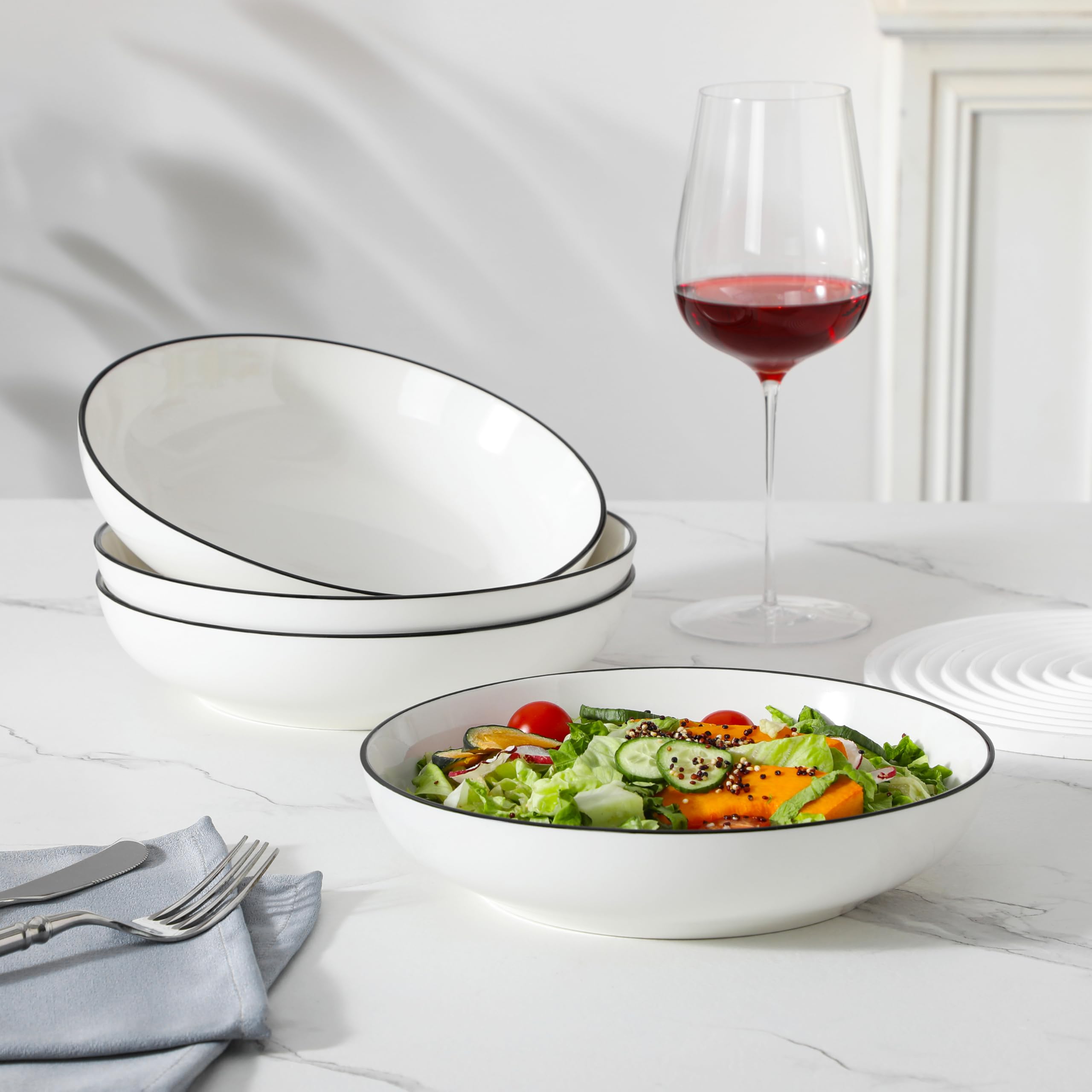 MALACASA Série REGULAR 1250ml Assiettes à Pâtes en Porcelaine, Assiettes Creuses, Service de Bols à Salade 4 Pièces, Blanc avec Bord Noir