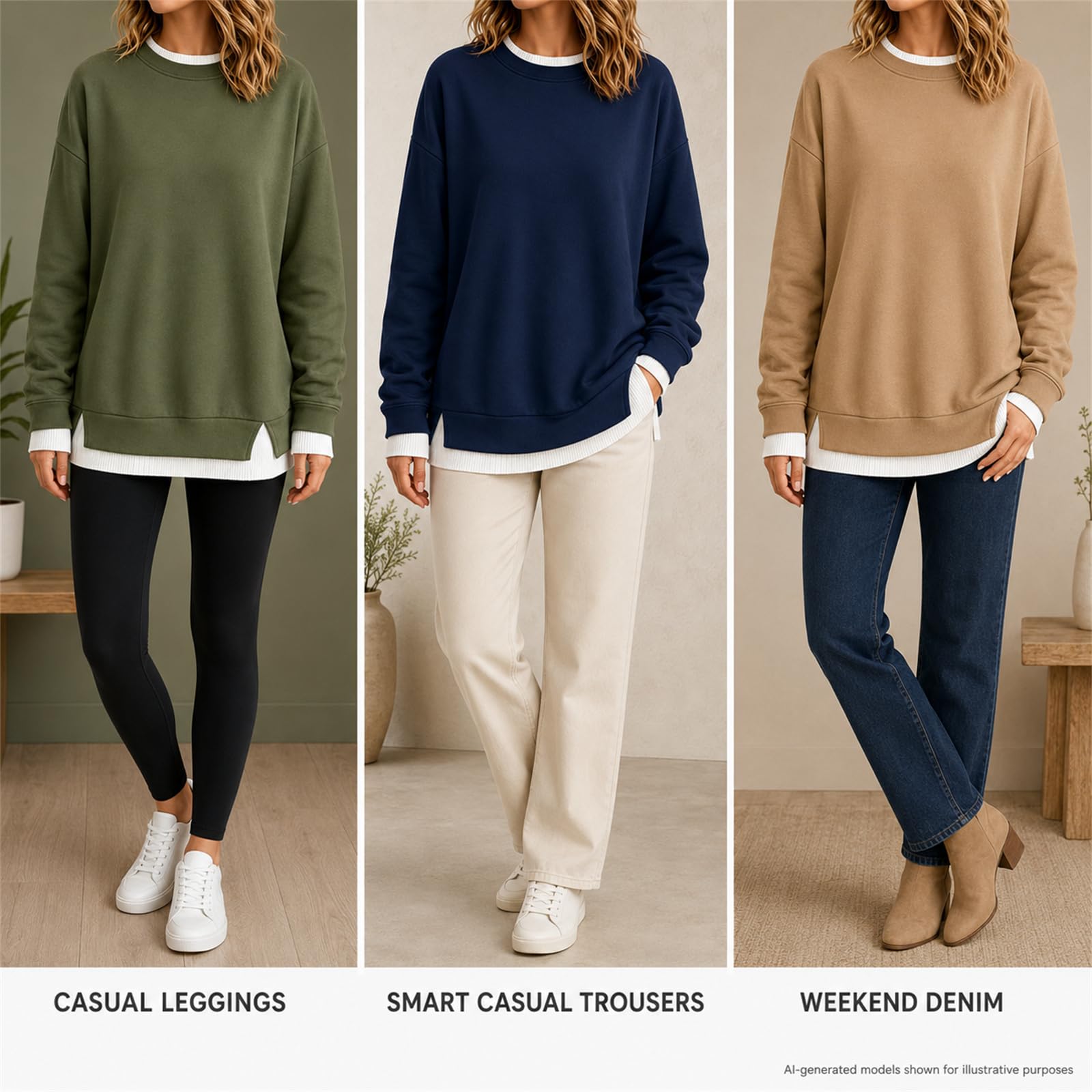 Generisch Felpa da donna con scollo rotondo, effetto stratificato, a