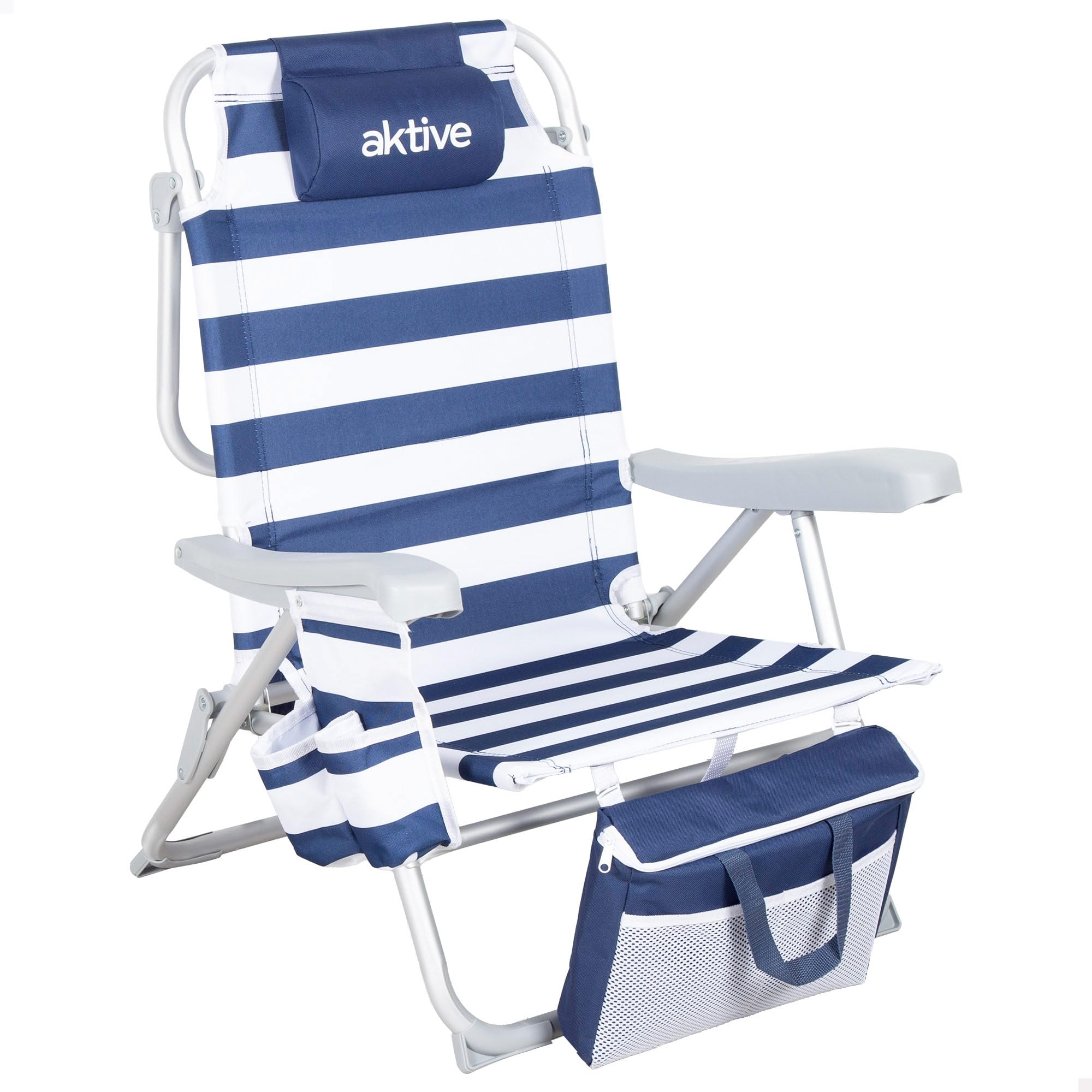 AKTIVE Silla de Playa Plegable, Marinera, Mide 48x58x80 cm, 5 Posiciones, Poliéster y Aluminio, Peso soportado 110 kg, Cojín, Bolsillos, Nevera, Transporte Mochila, Sillas Plegables (62469)