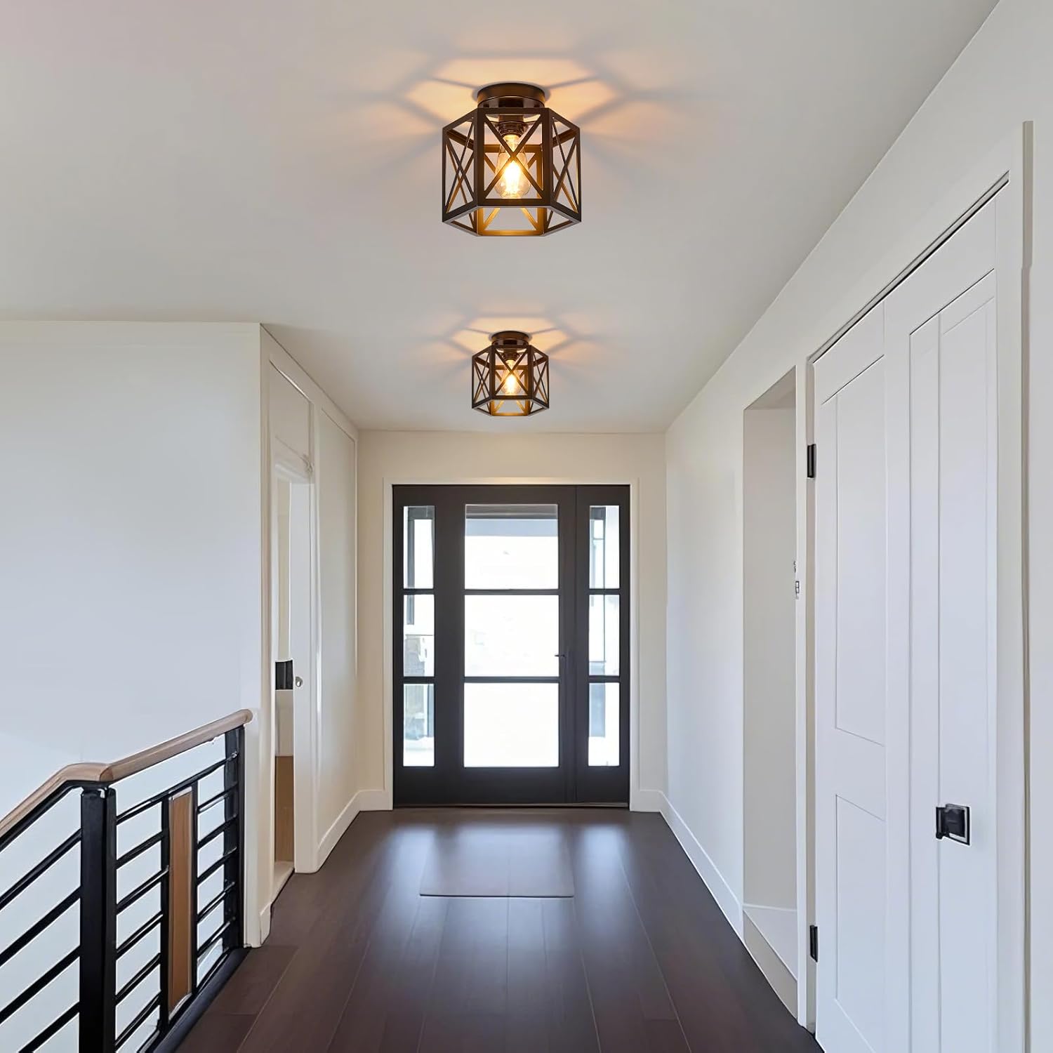 2 Pack Farmhouse Semi Flush Mount Ceiling Light, Industrial Black Hallway Light Fixture, Small Metal Cage Close to Ceiling Lights for Kitchen Sink Porch Bedroom