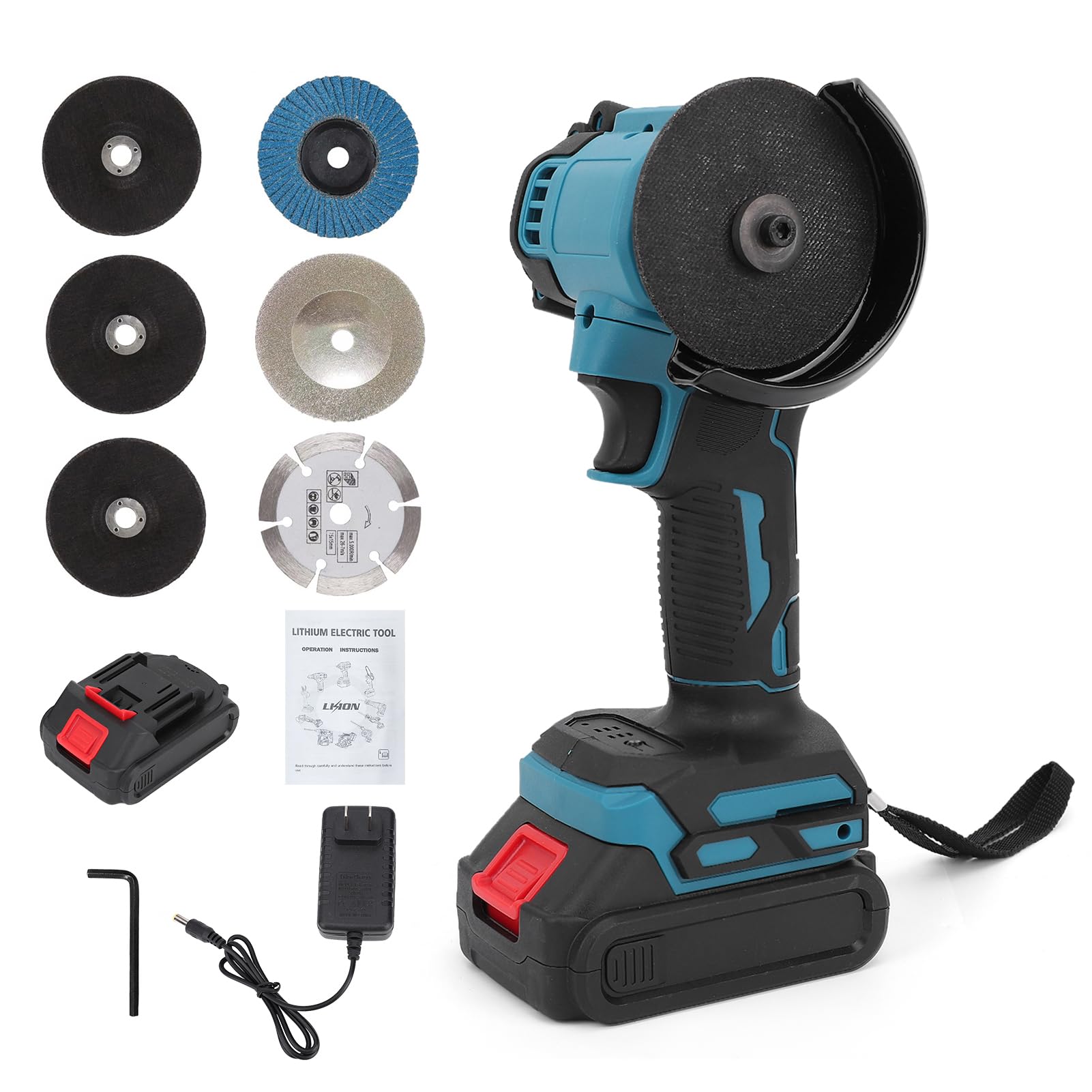Mini-smerigliatrice angolare, senza fili, 21 V, utensile elettrico per lucidatura con 2 batterie ricaricabili, multifunzionale, con 7 dischi per mattoni, legno e acciaio