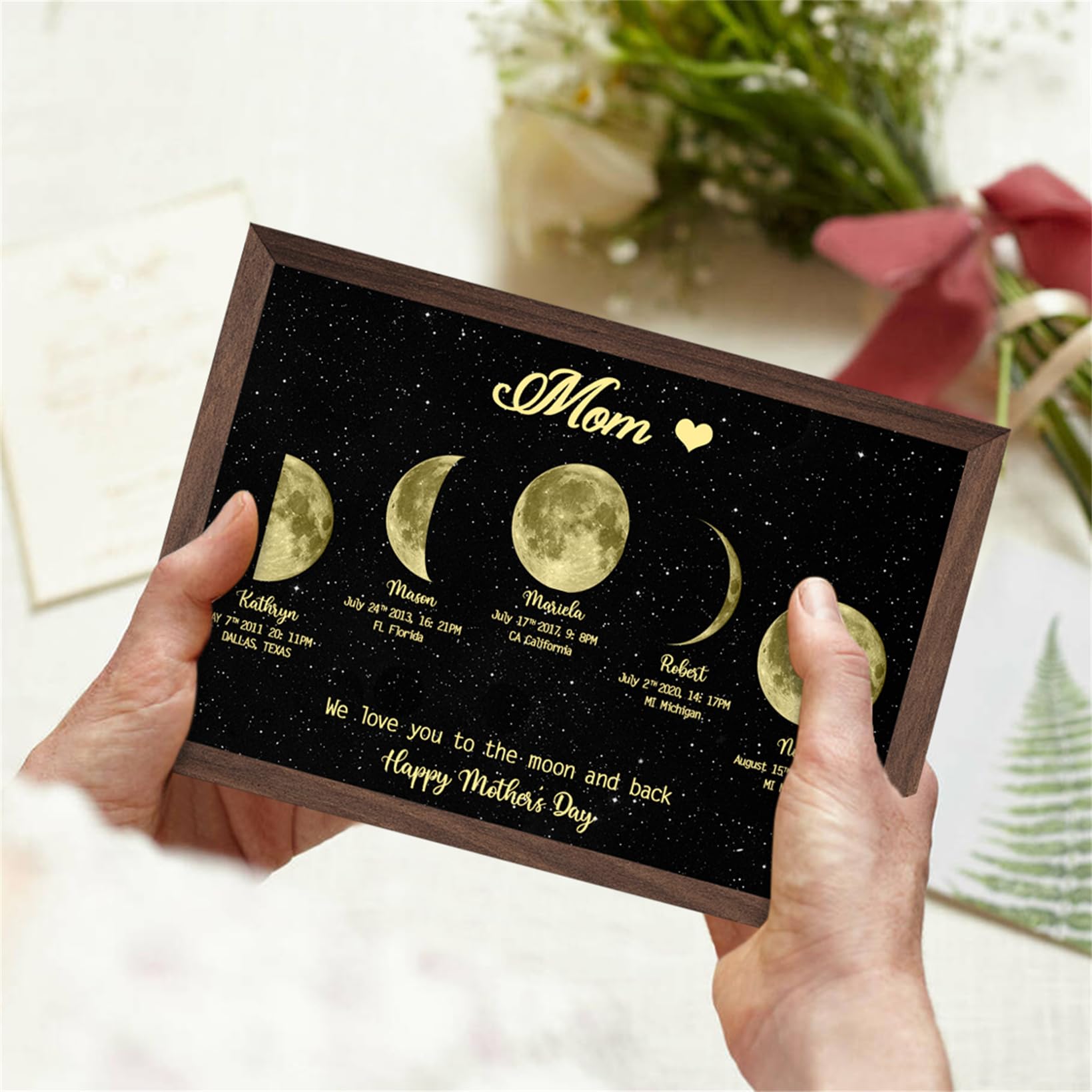 Cadre Photo Personnalisé Phase De Lune A4/A3 - Carte Des Étoiles Par Date + Message - Cadeau Anniversaire Unique
