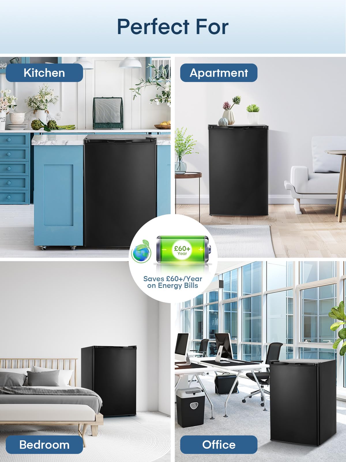 FOHERE Gefrierschrank 85 Liter Tiefkühlschrank, 80cm Hoch, 3 Schubladen,Türanschlag Wechselbar und Temperaturregelung, 4-Sterne-Gefrierfach, Energieklasse E