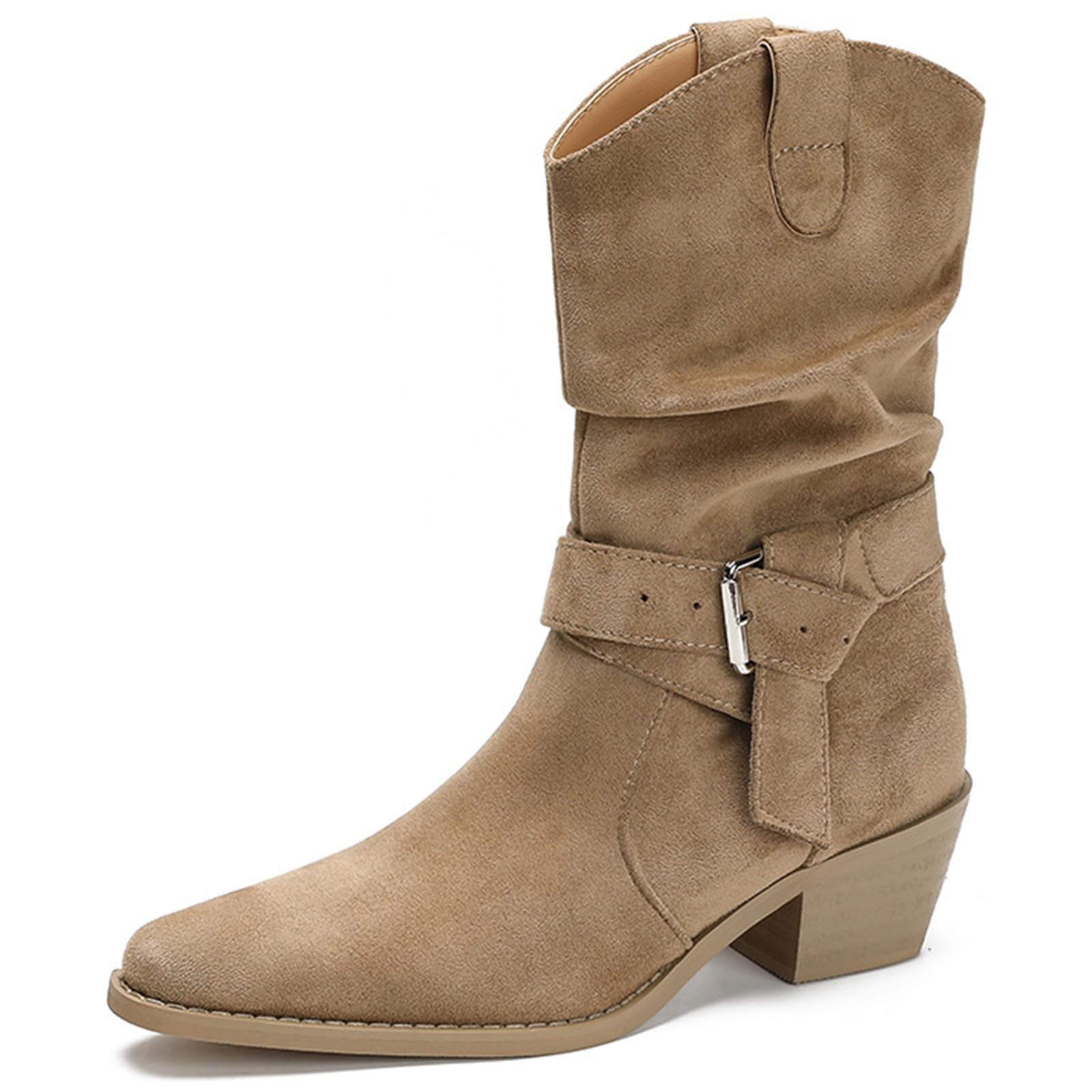 Womens Suede Stacked block heels Slouchy Mid Calf Boots with Belt Buckle Fall v-cutout Pull on Chunky Heel