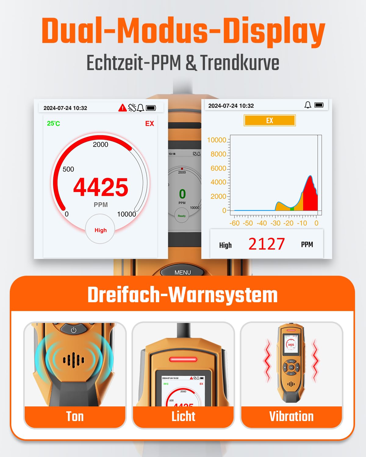 TopTes PT-990 Wiederaufladbarer Gasleckdetektor mit 28cm Flexibler Sonde, Erfassungsbereich 0-10000 ppm, Datenprotokollierung und 3 Alarmarten, Gasmelder für Propan, Methan für Industrie - Orange