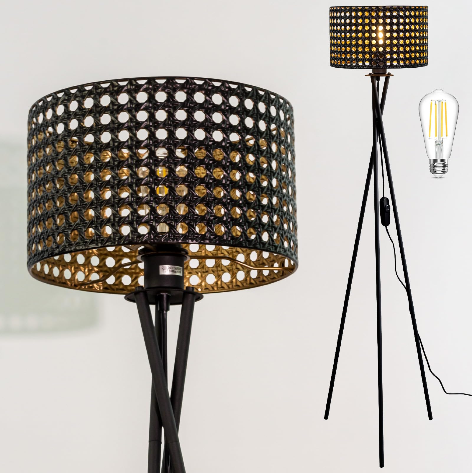 Osasy Modern LED Tripod Floor Lamp, Decorative Woven Shade, Tripod Lamps Living Room Corner Light, Black Metal Standing Lamps for Living Room