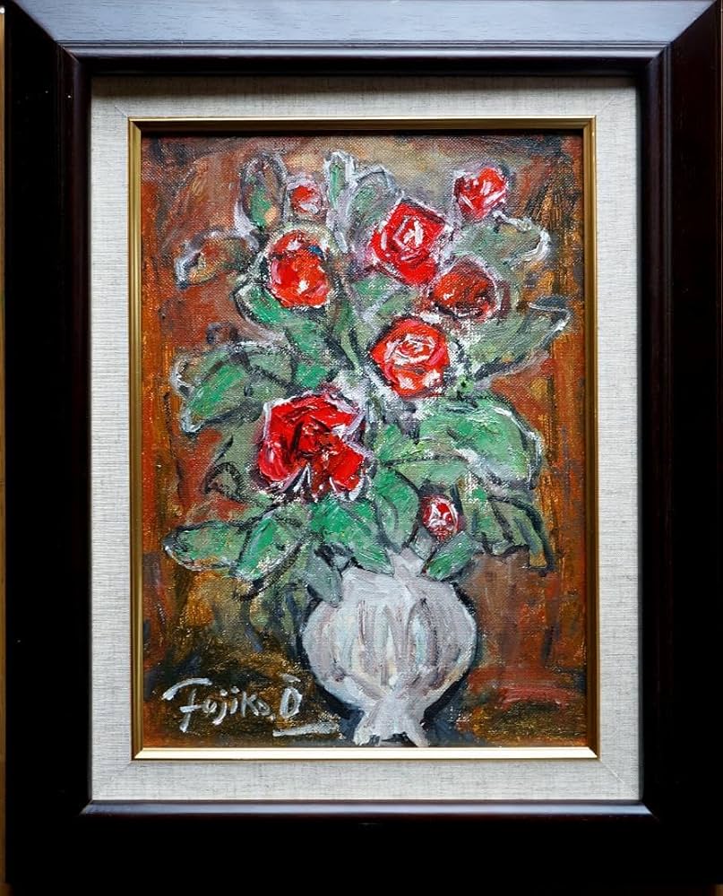 薔薇F4 油彩画額縁付き