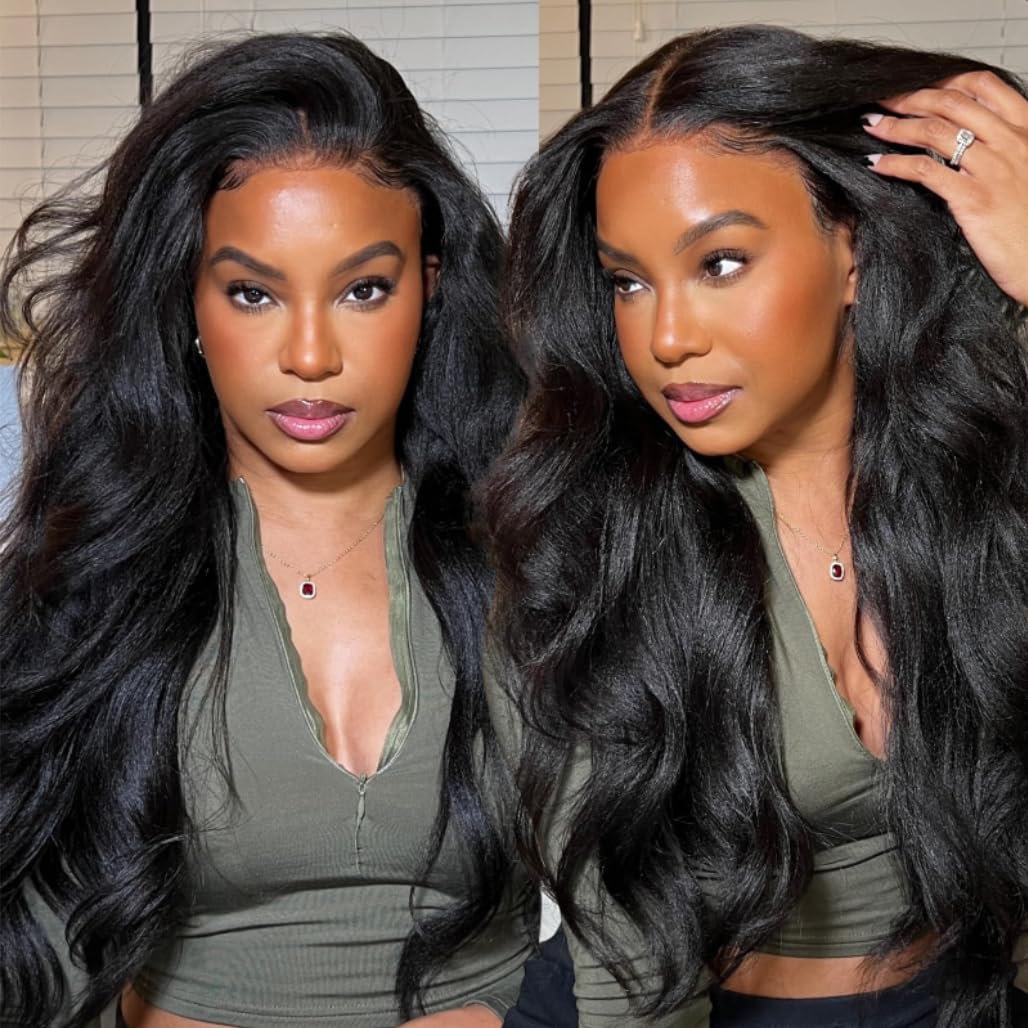 NadulaBye Bye Knots Glueless Wig Yaki Straight Human Hair Pre Cut 7x5 Invisible Knots HD Lace Front Put on and Go Wigs Pre Plucked Pre Bleached No Glue 180% Density 20inch