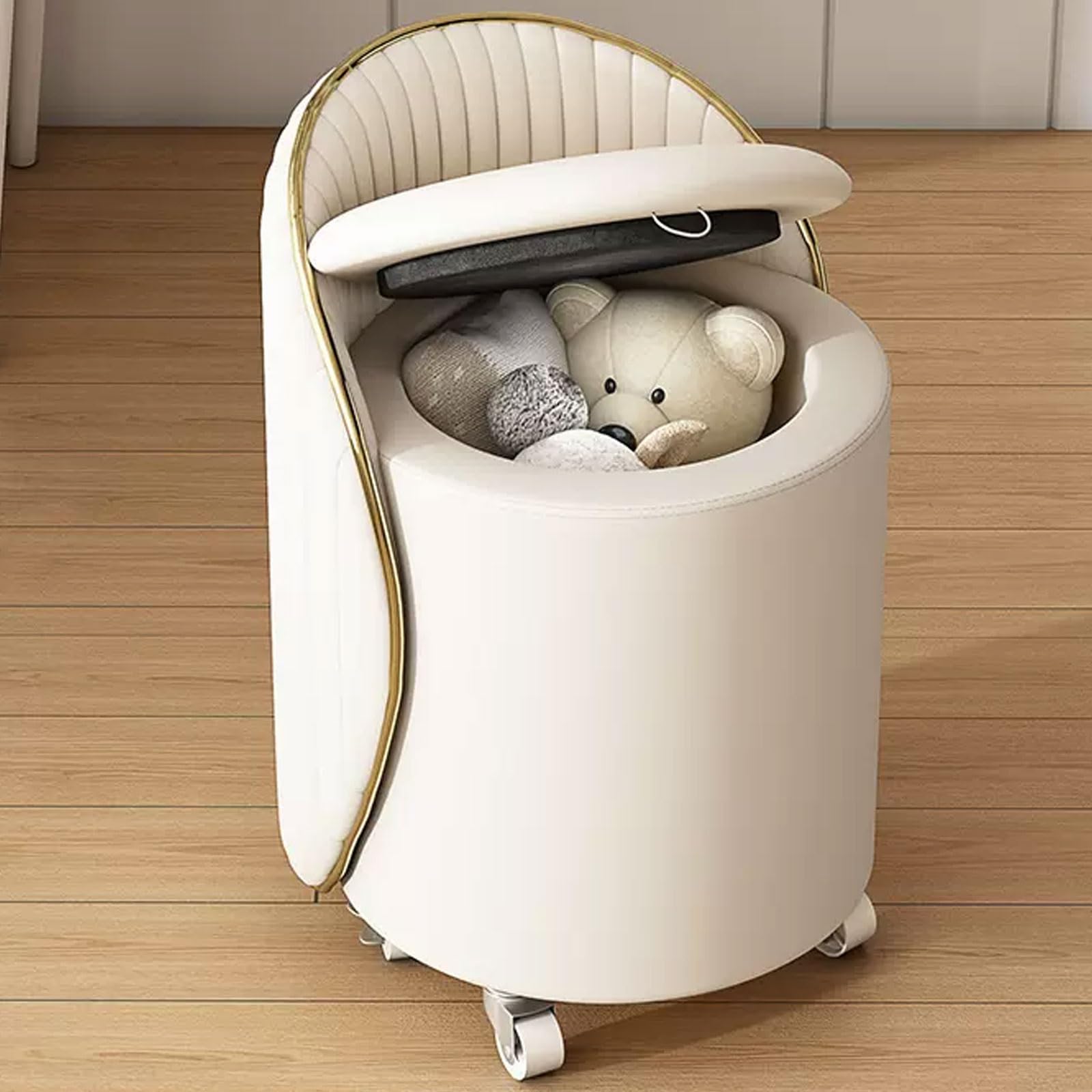 Moderner 360° drehbarer runder Hocker mit Rollen und Aufbewahrung, bequemer Make-up-Stuhl für Schminktisch, mit weich gepolstertem Sitz, Weiß Küche, Haushalt & Wohnen