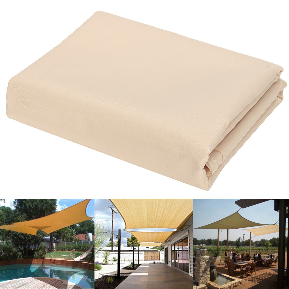 Square Beige Sun Shade Sail UV Block Shelter Awning for Patio Lawn Garden Party 78.74''X70.87'' (4pcs D Type Buckles + 4 X 2m Ropes)