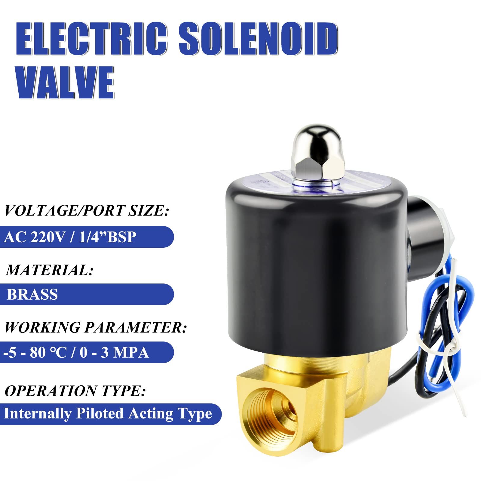 1/4" BSP 220V Électrovanne électrique en laiton avec connecteur cannelé, adaptée pour l'eau, l'air, le carburant, le gaz fermé