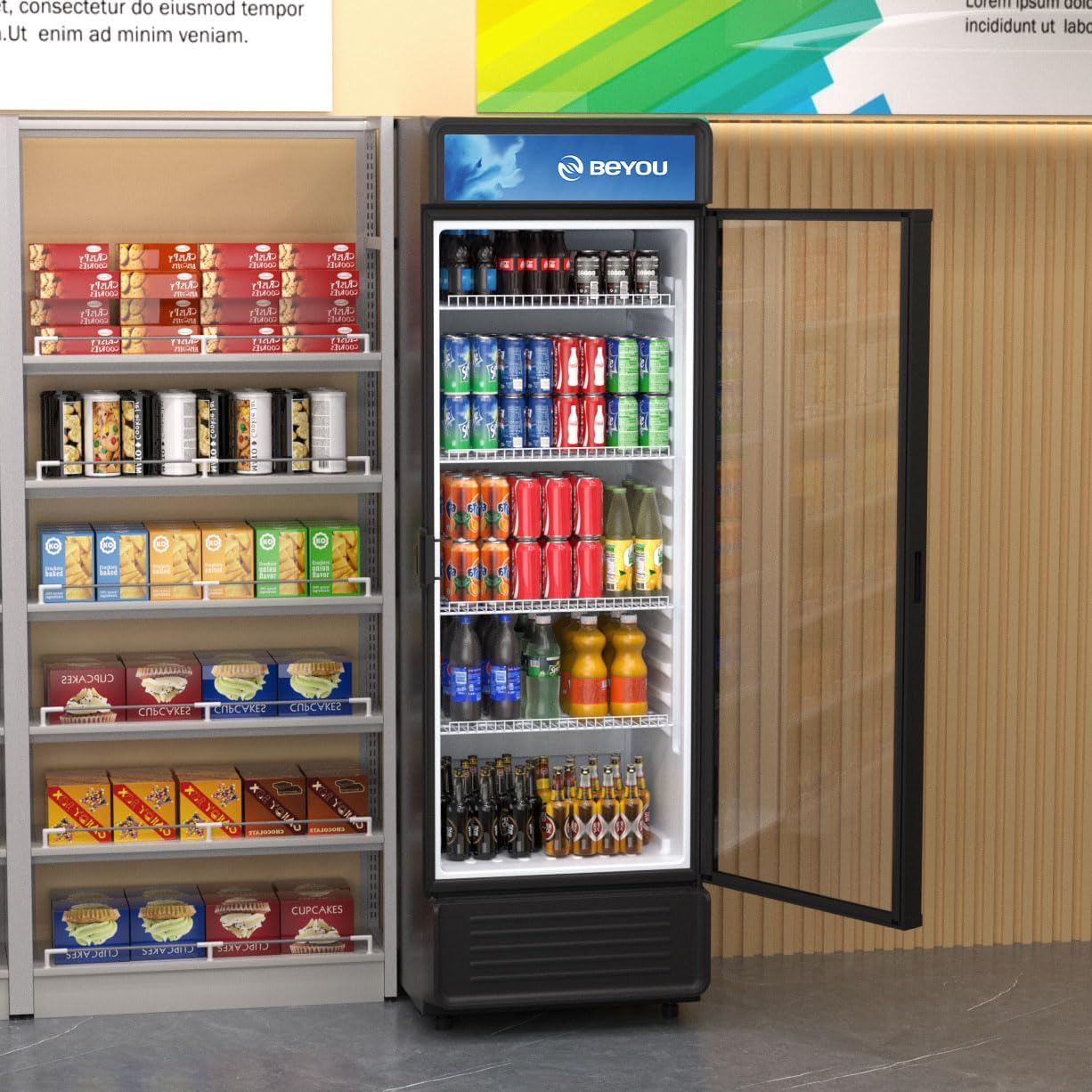 BEYOU Commercial Beverage Refrigerator, 12.2 cu. Ft Upright Display Merchandiser with single Glass Door, Drink Cooler for Living Room,Bar,Garage（Black）