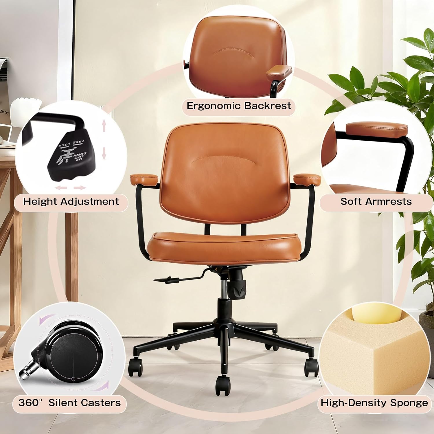 Home Office Chair, Ergonomic Desk Chair with Lumbar Support, Adjustable Height Rolling Swivel Task Chair with Armrests, PU Leather, for Meeting,Study Room （Brown）