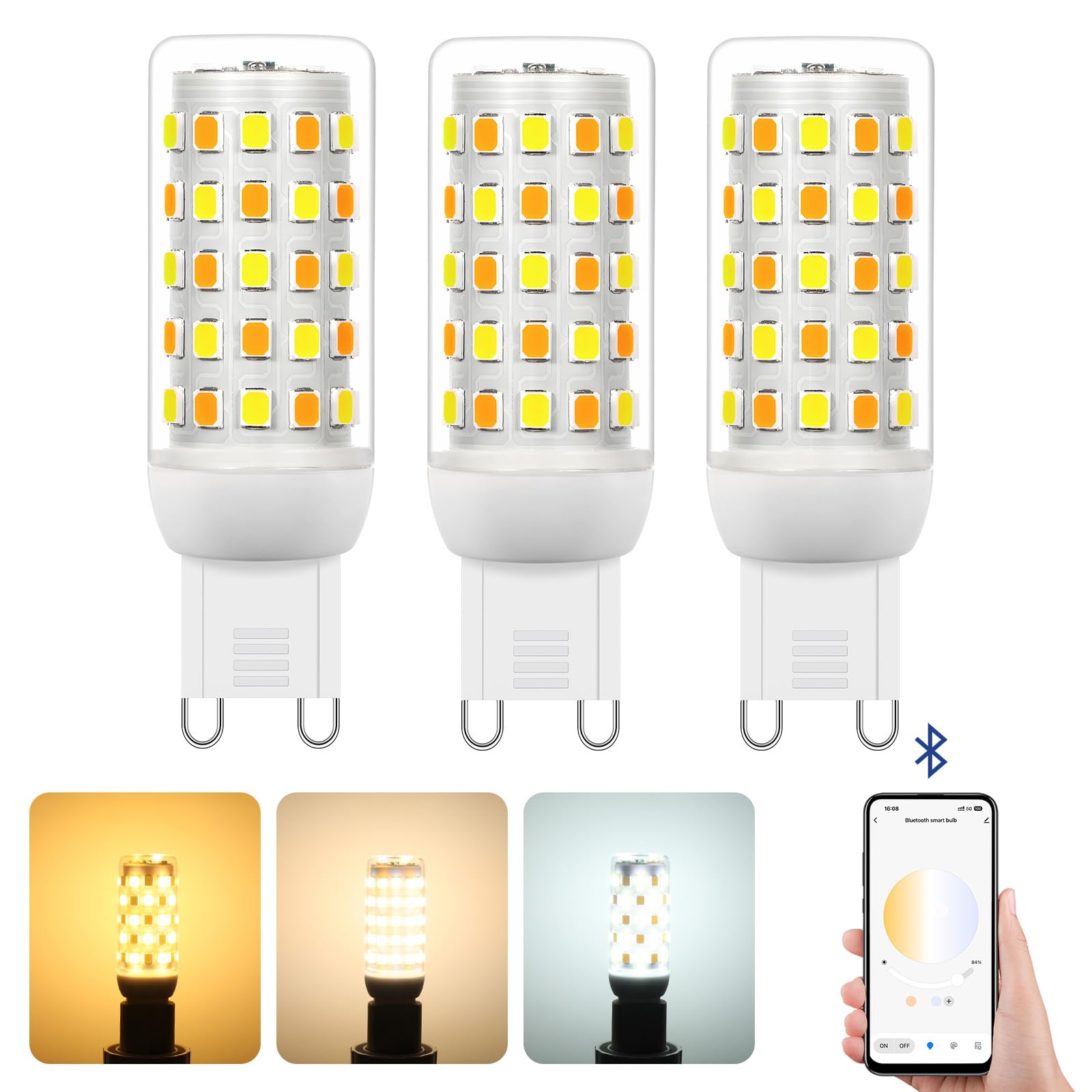 Smart G9 LED Lampen Mit APP Control,G9 LED Dimmbar Bluetooth Glühbirne,AC 230V,2700K-6500K,Helligkeit einstellbar 1%-100% 4W 400LM,Timing Funktion,Kompatibel mit Fernbedienung(3 Pack Nur Glühbirne)