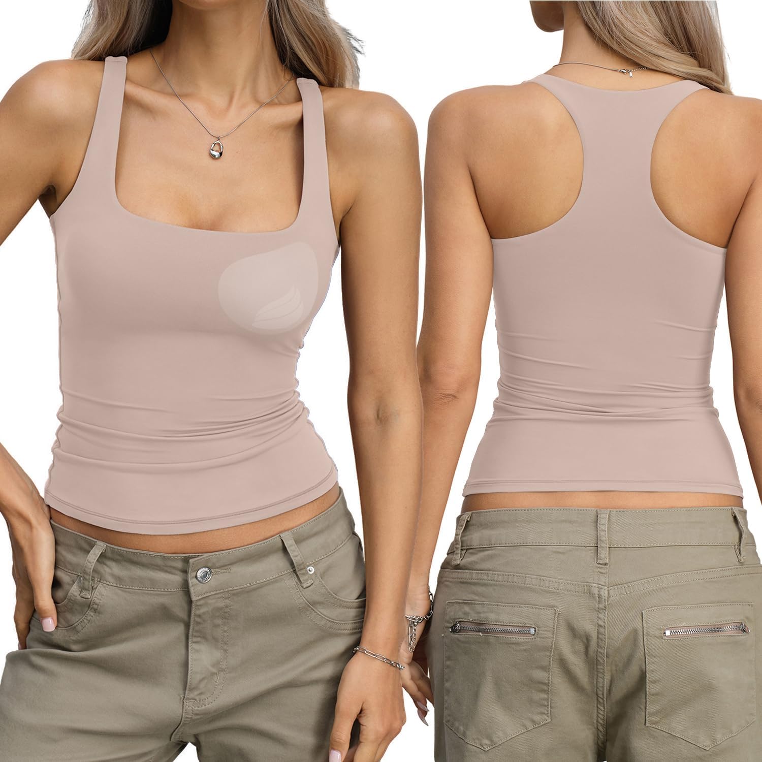 Womens Padded Double Lined Tank Tops Racerback Square Neck Built in Bra Tops Sleeveless Fitted Summer Clothes