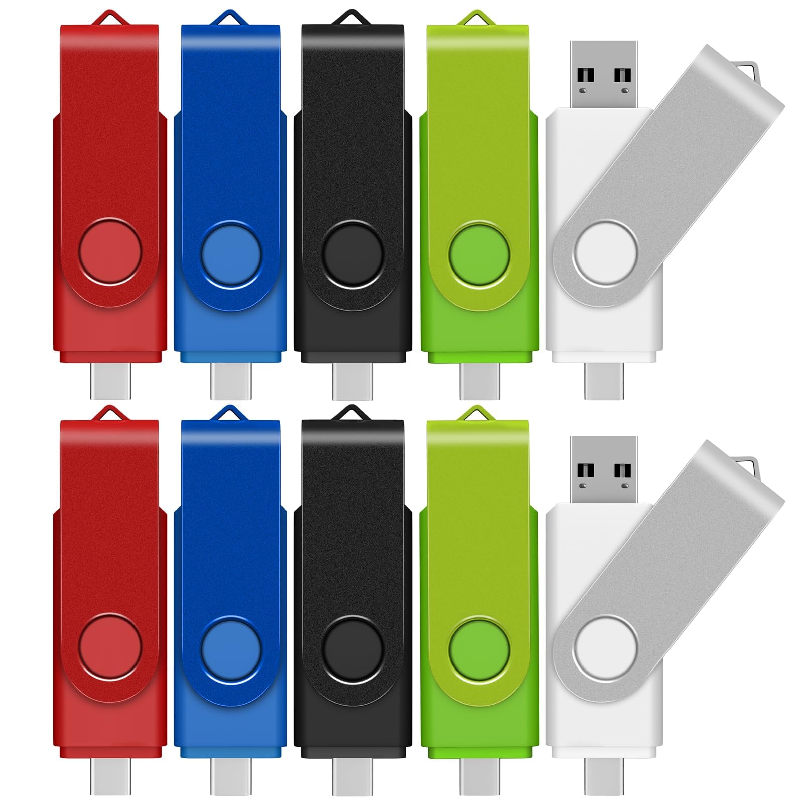 Memoria USB C de doble interfaz USB 2.0/USB 3.0 giratoria, USB A tipo C, con cordones y calcomanías de marcado (32 GB x 10 (USB 2.0))