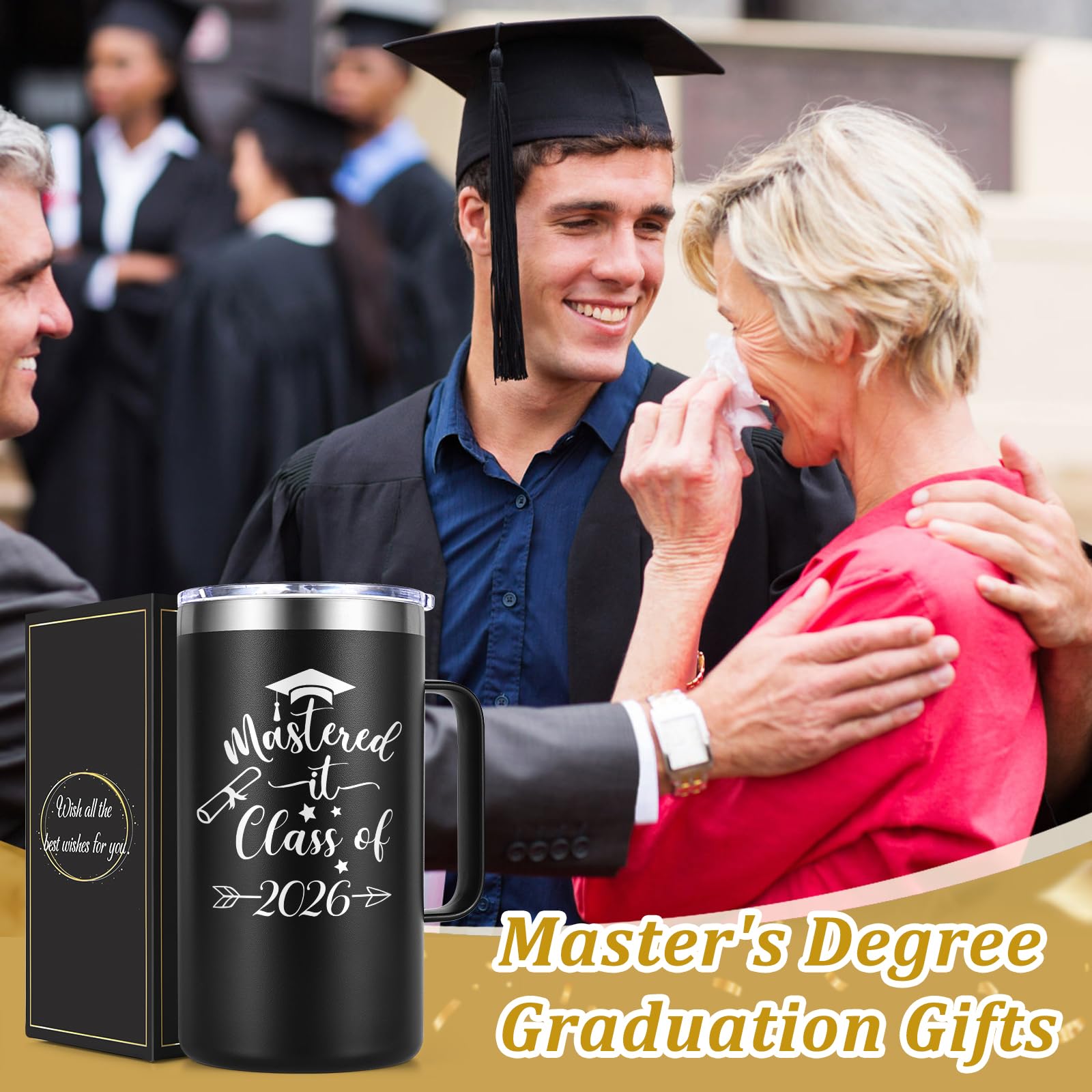 Lifecapido Masters Degree Graduation Gifts, Mastered It Class of 2026 20oz Insulated Coffee Mug with Keychain and Graduation Card, 2026 Graduation Gifts for Graduates, Black