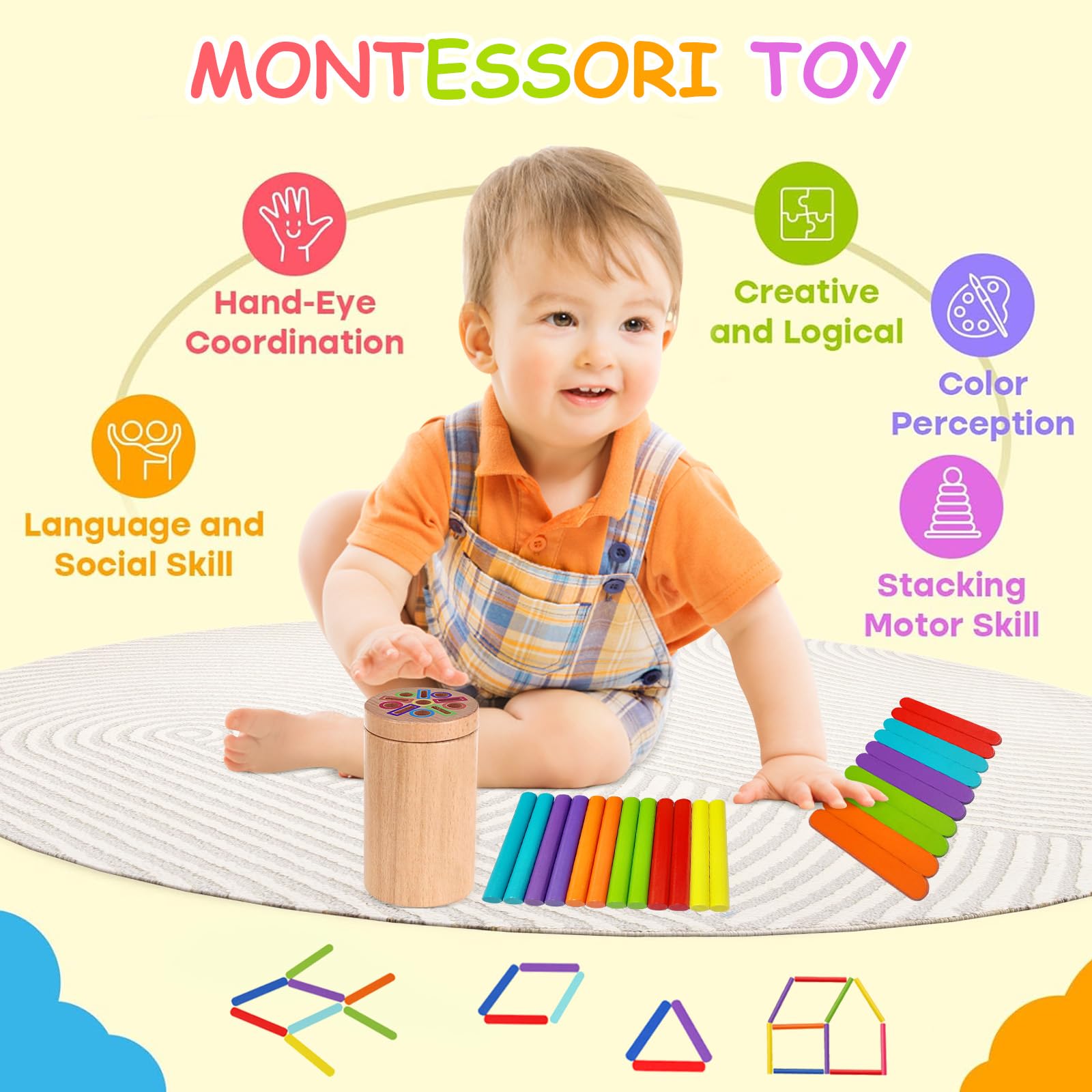 Holz Sortierspiel Ab 1 Jahr – Montessori Lernspielzeug Mit 22 Teilen, Aufbewahrungsbox & Tasche, Farben & Formen