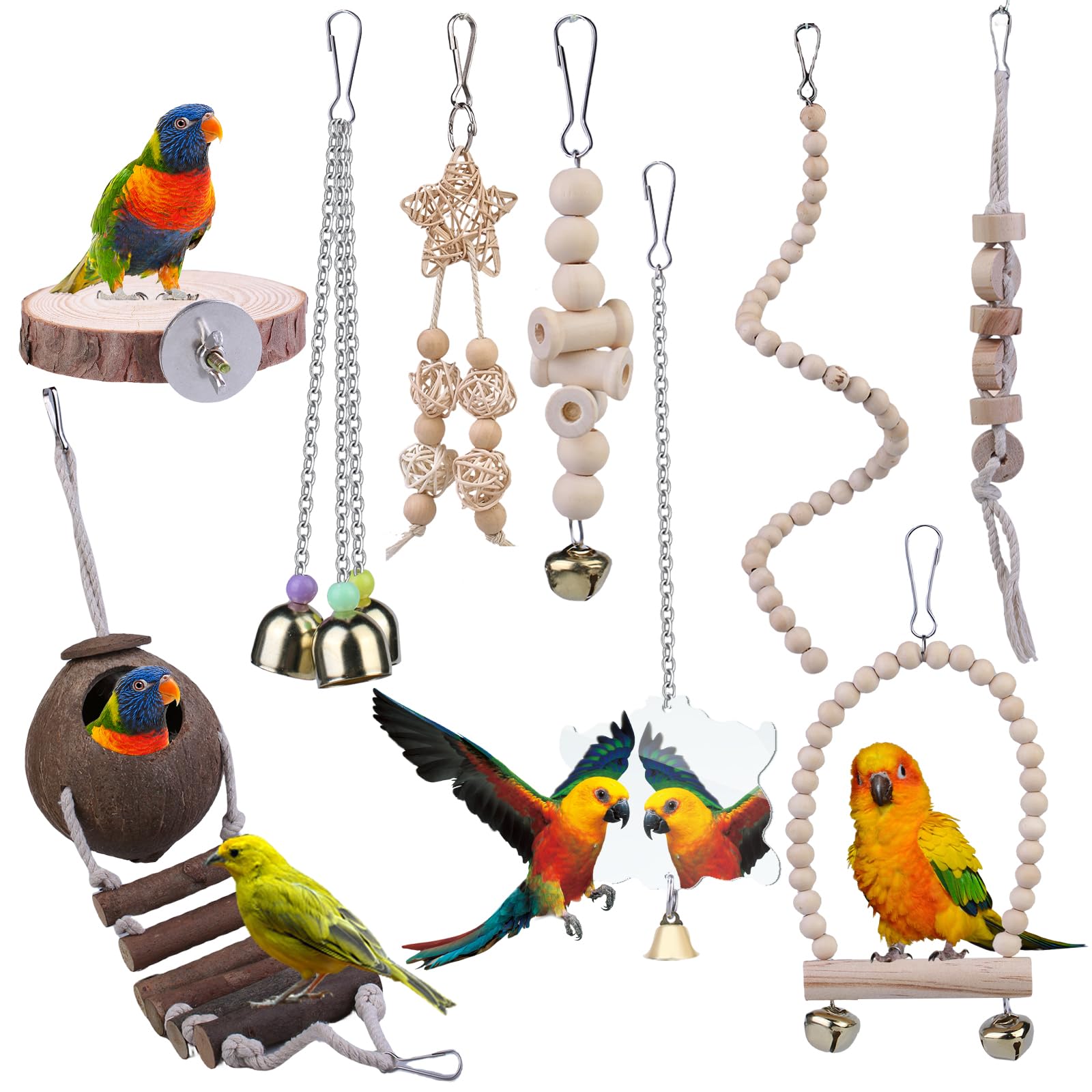 SUNOYA Juguetes para pájaros, 9 piezas de juguete para periquitos, escalera de madera para pájaros, juguete con plato, cacatúa, juguete de loro de madera, accesorios para jaula de pájaros para loros