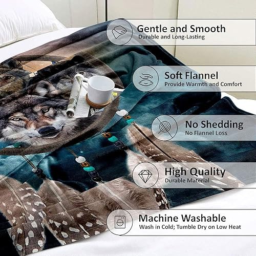 Miniatura 6 de LUVIVIHOME Manta de lobo, color verde azulado, manta individual, manta de plumas bohemias con atrapasueños, acogedora manta cálida y ligera de