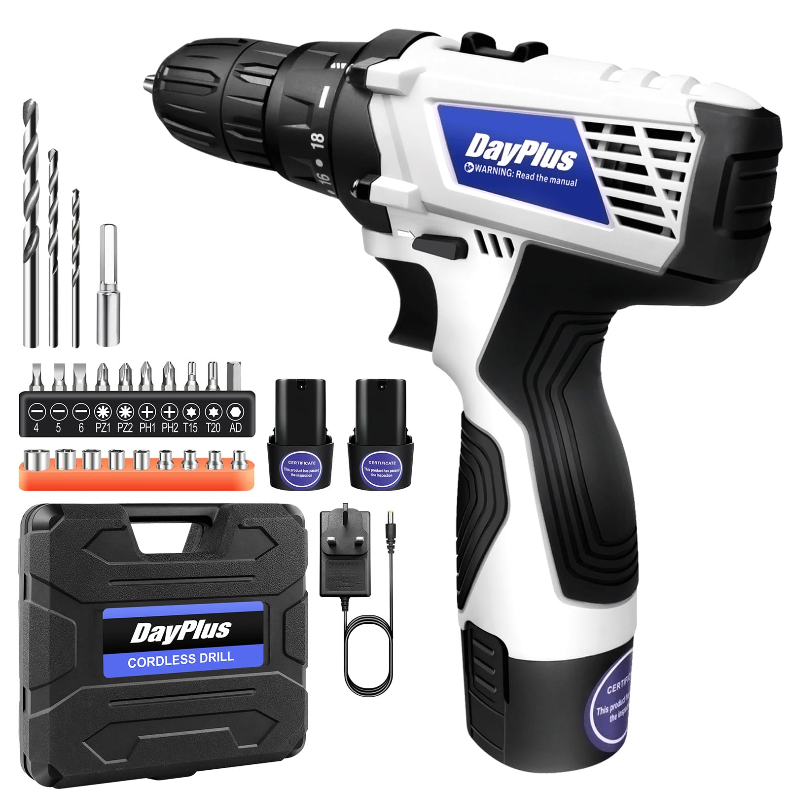 Cordless Drill Driver Set, 16.8V Cordless Combi Drill with 2 Batteries 1.5Ah, 18+1 Torque Power Drill, 45N.m Electric Drill, 2 Variable Speed Electric Screwdriver Cordless Hand Drill