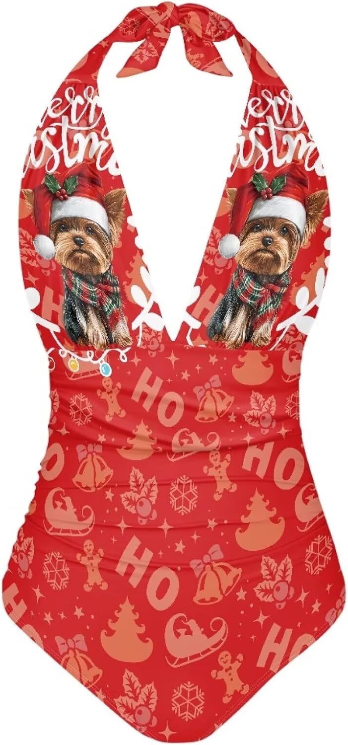 Irisjudy Halter One Piece Swimsuit for Women, Color Art V Neck Swimwear Tummy Control Halter Bathing Suit Plus Size XS-3XL