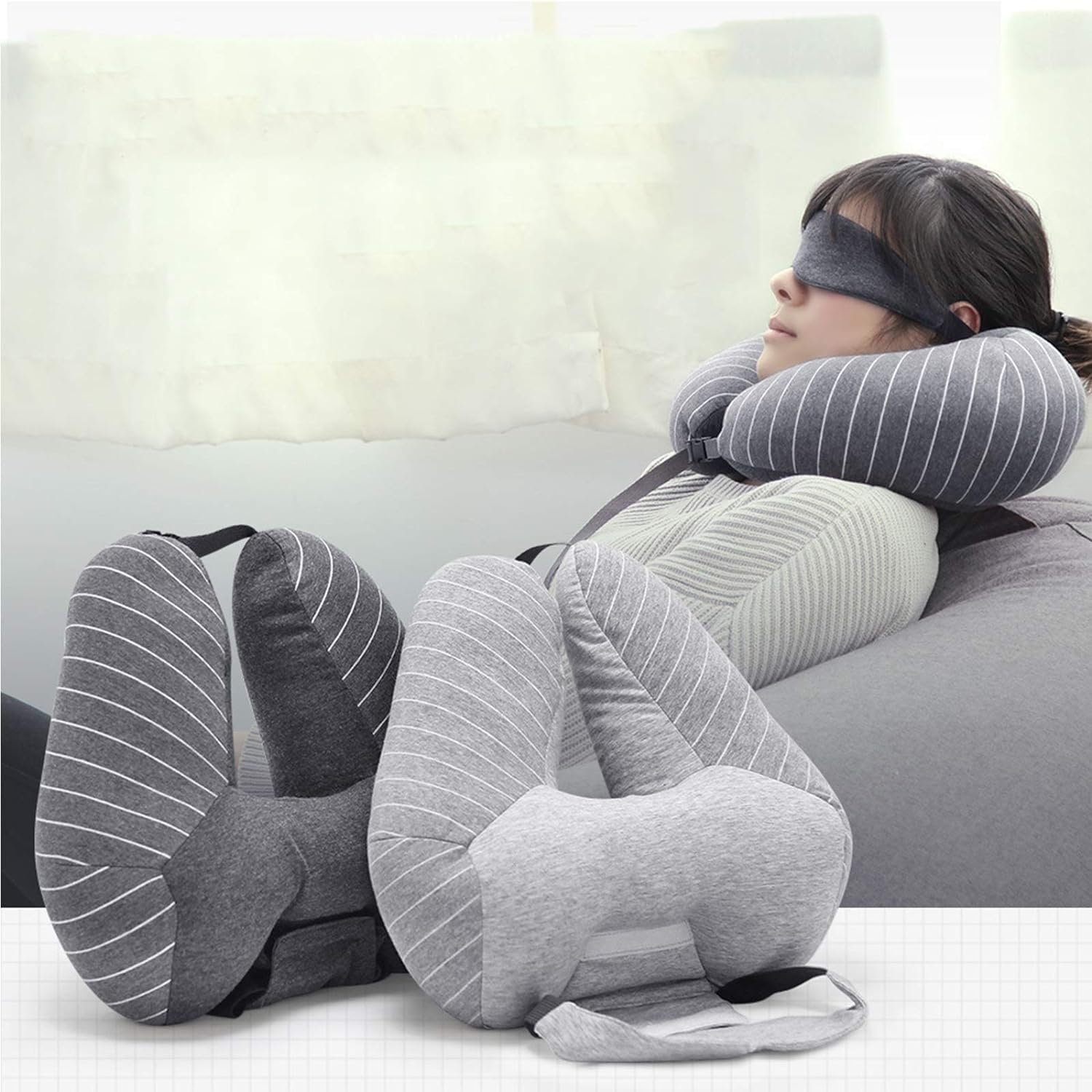 Almohada de viaje con soporte for la barbilla, almohada de viaje for el cuello y capucha for los ojos, cómodo kit de viaje 2 en 1, formas ergonómicas de apoyar la cabeza, el cuello y la barbilla cuand