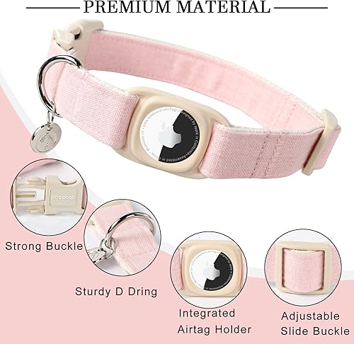 Miniatura 2 de DOGWONG Airtag - Collar de algodón de cáñamo para perro, collar de perro resistente con soporte para Airtag, collar de perro rosa duradero de tela