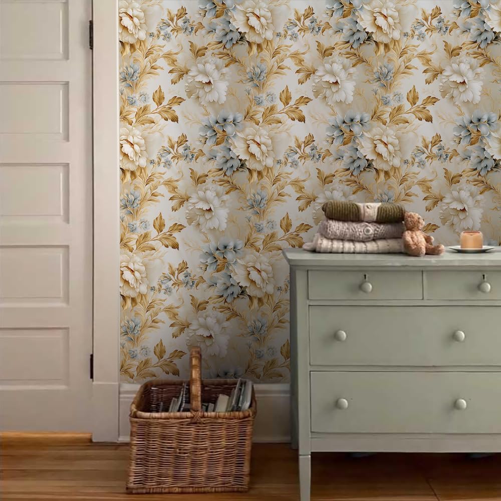 18"x236" Vintage Gold White Peony Flower Peel and Stick Self Adhesive Wallpaper Removable Contact Paper Stick on Easy Peel Off Wall Paper for Kitchen Bedroom Bathroom Renter