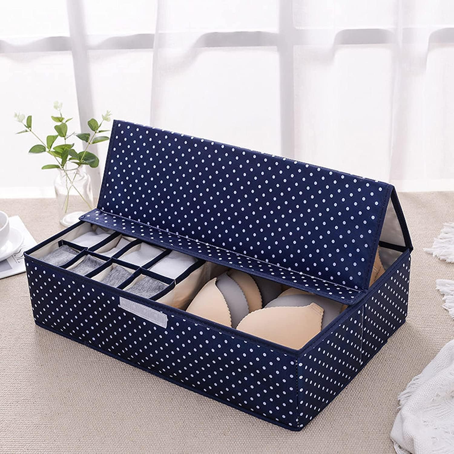 Innerwear Organizer 16+1 Compartment Non-Smell Non Woven Foldable Fabric Storage Box for Closet J17BD-4 (44 x 28 x 12 cm Navy Blue Polka)-image-18