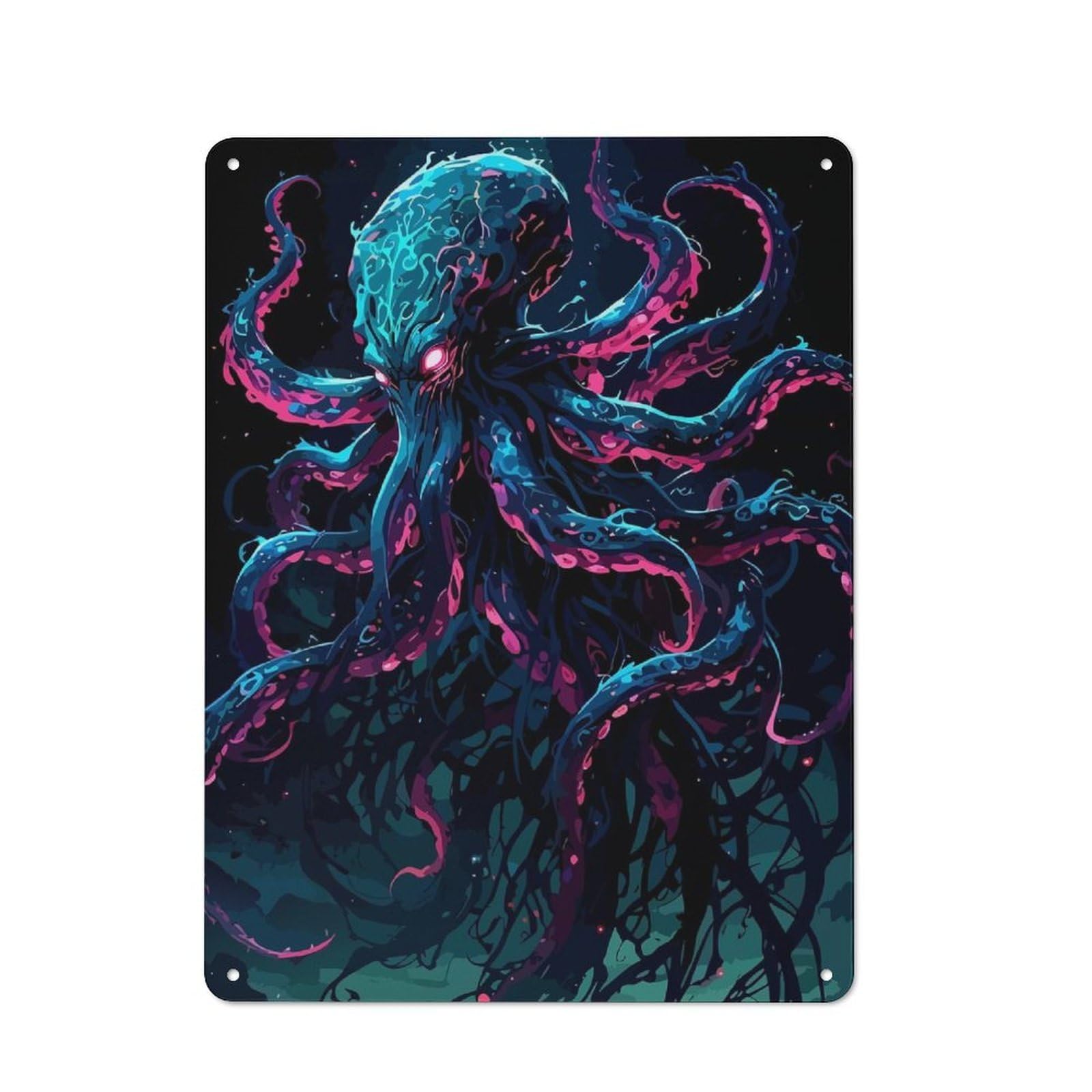 Junmoney Neon Octopus Fantasy Creature Illustration Rustic Tin Sign 40X30cm For Man Cave Or Games Room, Housewarming Present For People Styling Man Cave And Games Room