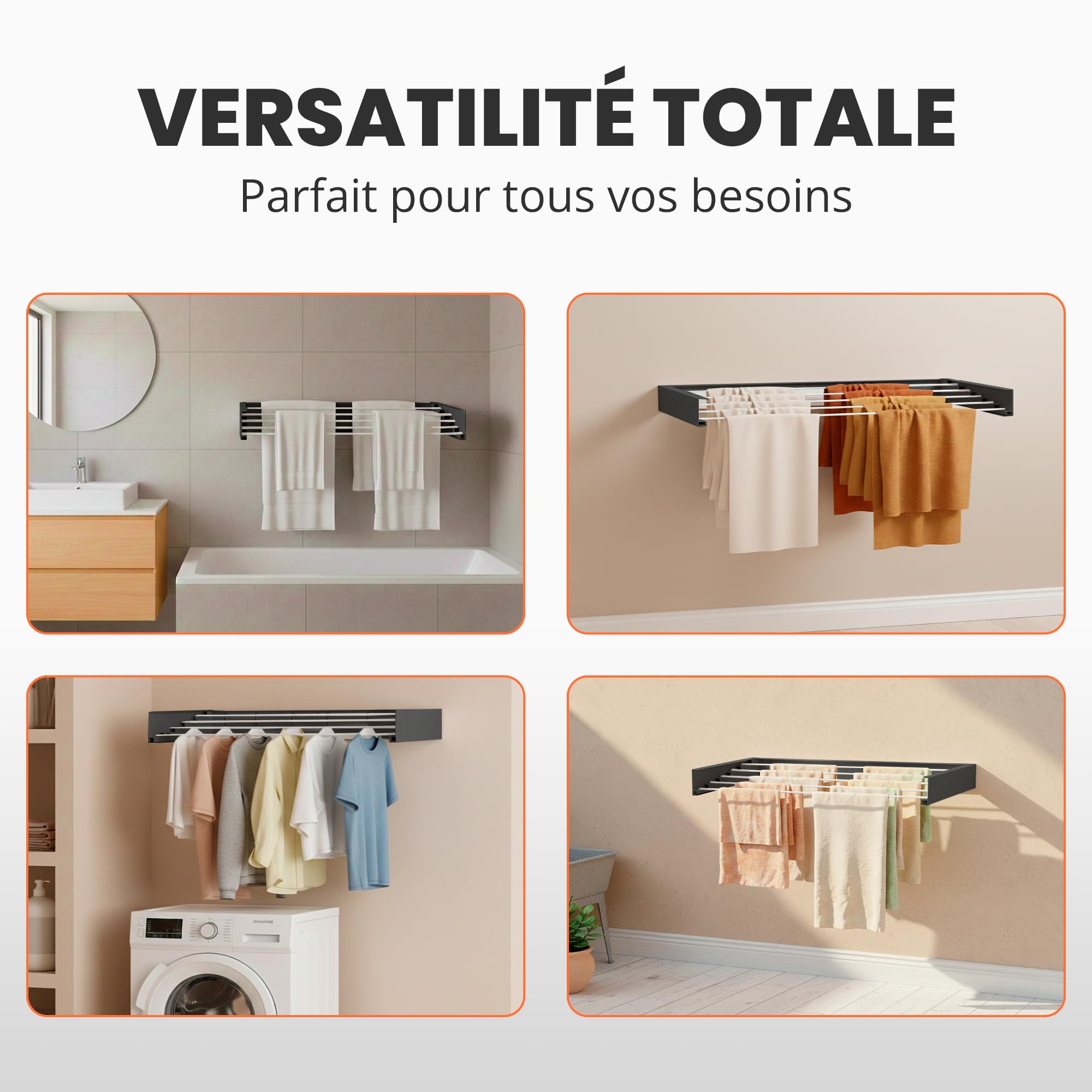 JUPPLIES Étendoir à Linge Mural Rétractable 100 cm – Séchoir Pliable Mural pour Intérieur ou Extérieur – Étendoir Compact en Aluminium 30 kg de Capacité (Noir)