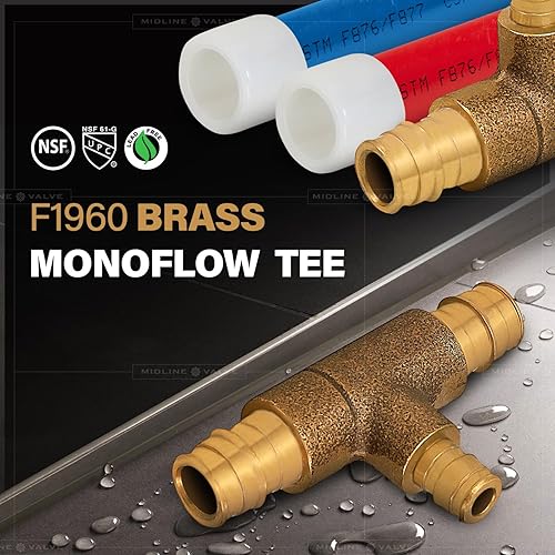 Miniatura 2 de Midline Valve S1228 Monoflow Tee Pipe Fitting para aplicaciones de calefacción hidrónico 34 pulg. x 12 pulg. Conexiones Pex Latón