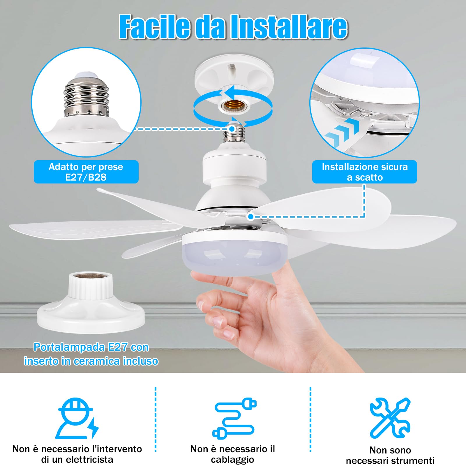 BuzzoXerex Ventilatore da Soffitto con Luce e Telecomando, 52CM Piccoli Lampadario con Ventilatore da Soffitto, E27 Plafoniera Led Soffitto Silenziosa, Velocità, Luminosità, Memoria