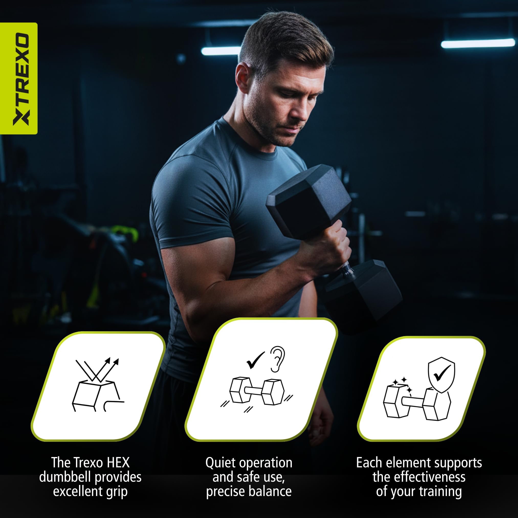 TREXO Hantle 2,5 kg – 35 kg, sześciokątne, wytrzymałe, gumowane żeliwo, do treningu siłowego w domu, z ergonomicznym uchwytem, stabilne i wszechstronne