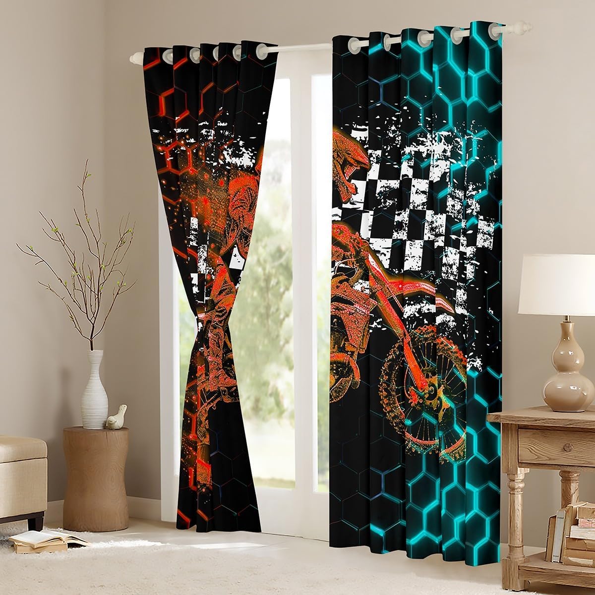 Feelyou Motocross Curtains Black Orange Dirt Bike Rider Blue Honeycomb Window Drapes Treatments Boys Racing Grid Window Drapes Fashion Motorcycle Silhouette Window Treatments, 42W X 90L,2 Panels image 3