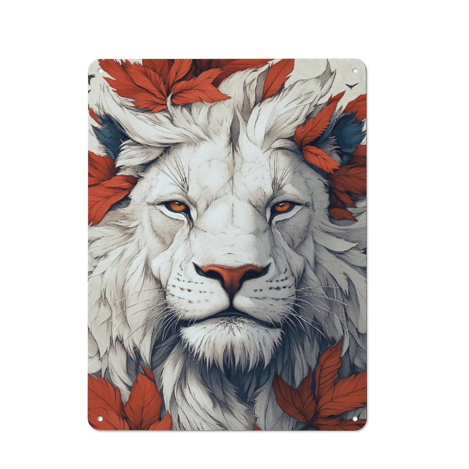 Junmoney Style-22 Rustic Metal Sign 40X30cm Featuring White Lion With Autumn Leaves Portrait For Hallway Wall, A Decorative Gift For A Newly Furnished Hallway