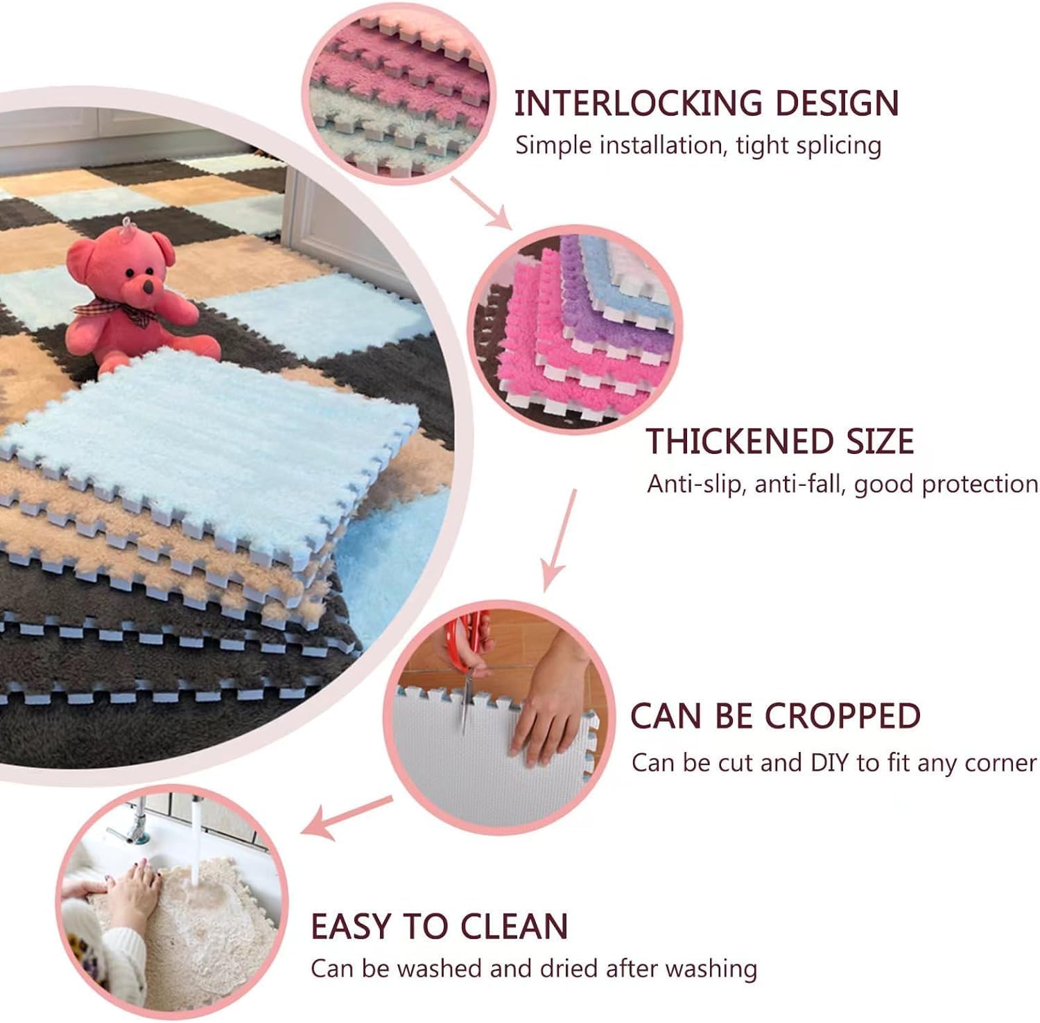 18 Pieces Interlocking Puzzle Floor Mat, Non-Slip Floor Mat, Plush Foam Floor Mat, Bedroom Crawling Mat(Blue,60x60cm)