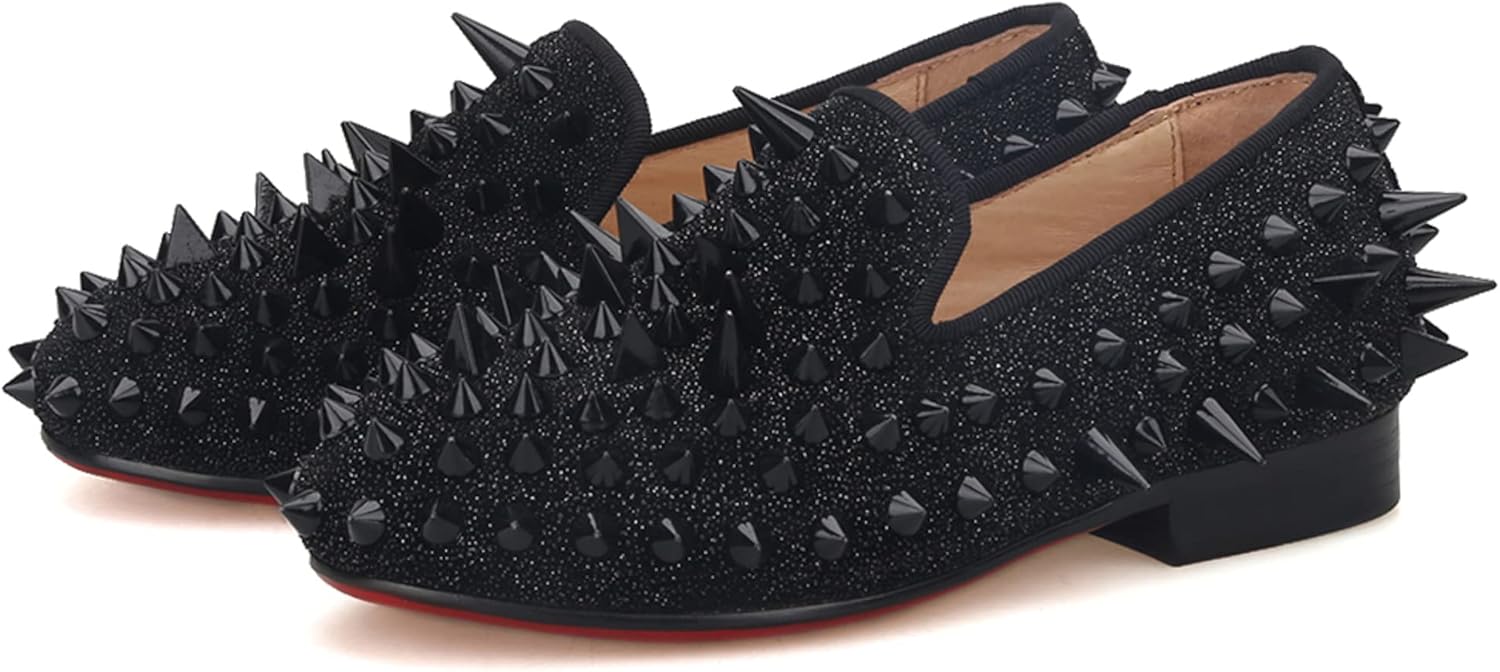 FERUCCI Kids Boys Black Spikes Rhinestones Velvet Loafer Wedding Gala Partys Tie Event
