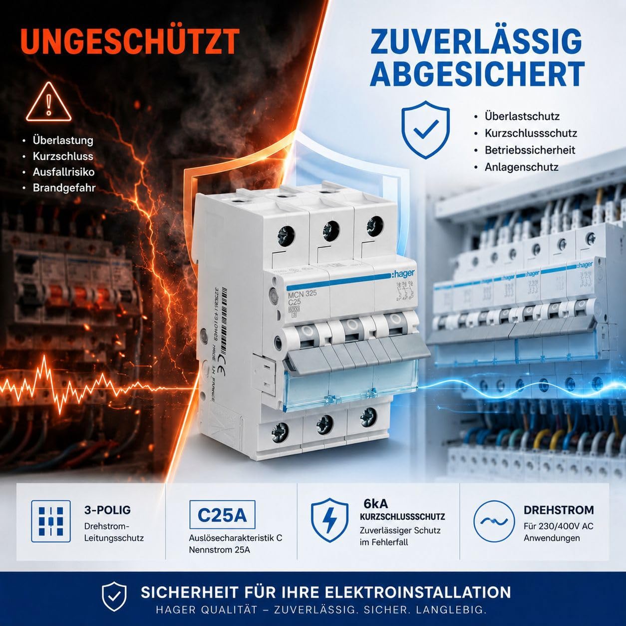Hager MCN325 Leitungsschutzschalter 3-polig 25A C-Charakteristik, 6kA Sicherungsautomat 3P für Drehstrom, biconnect Klemmsystem, LS-Schalter 3 Module, DIN EN 60898-1, 230/400V AC