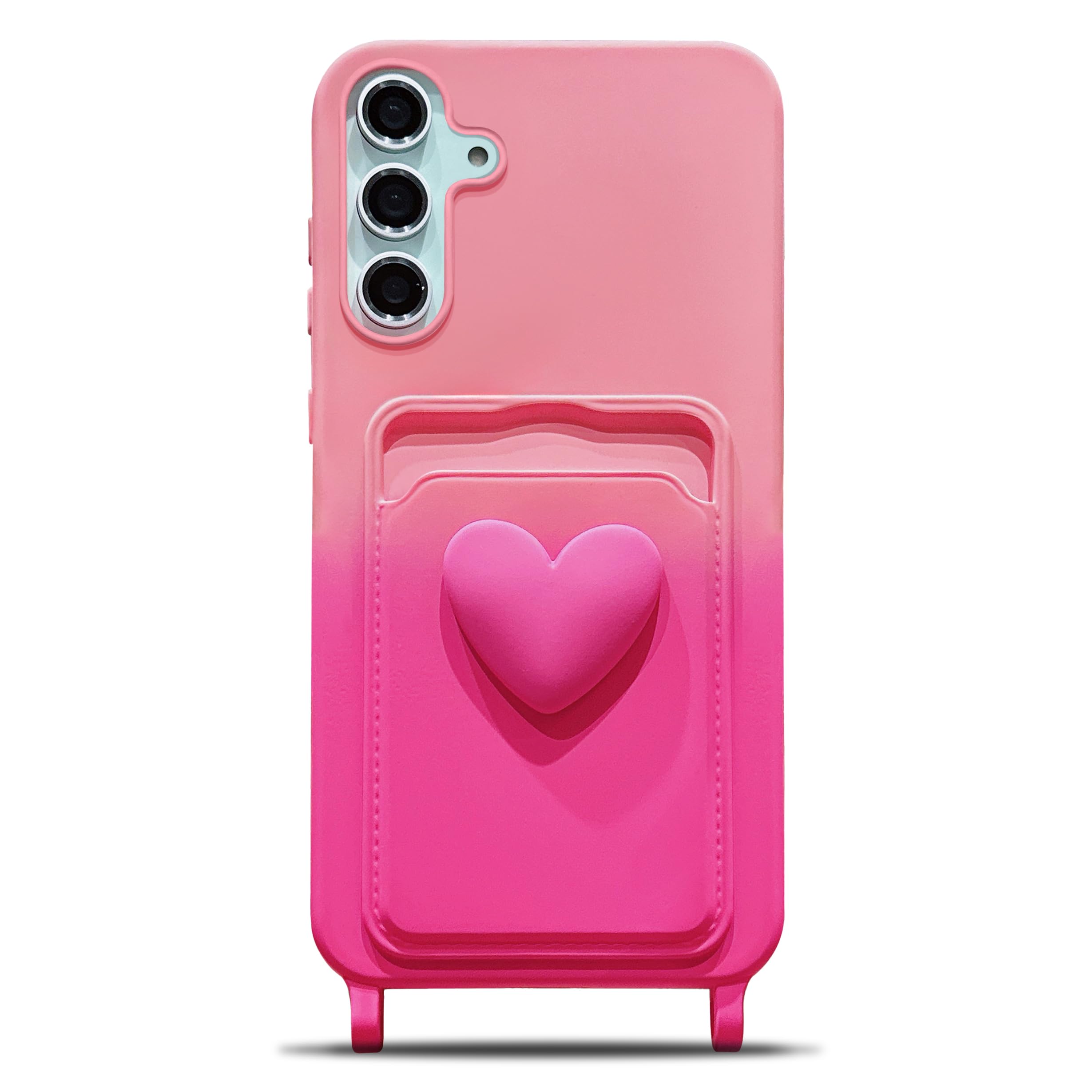 LYQZDT for Samsung Galaxy S24+ Plus Case 6.7" Cute Kawaii 3D Heart Card Holder Slot Wallet Pocket Gradient Color Shockproof Protective Bumper Soft